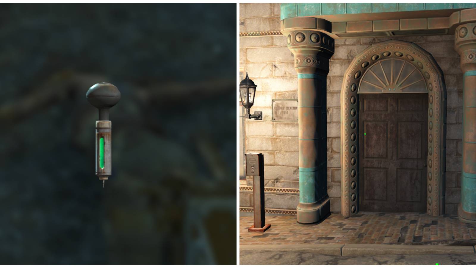 Split image of a mysterious serum and the entrance to cabot house in Fallout 4