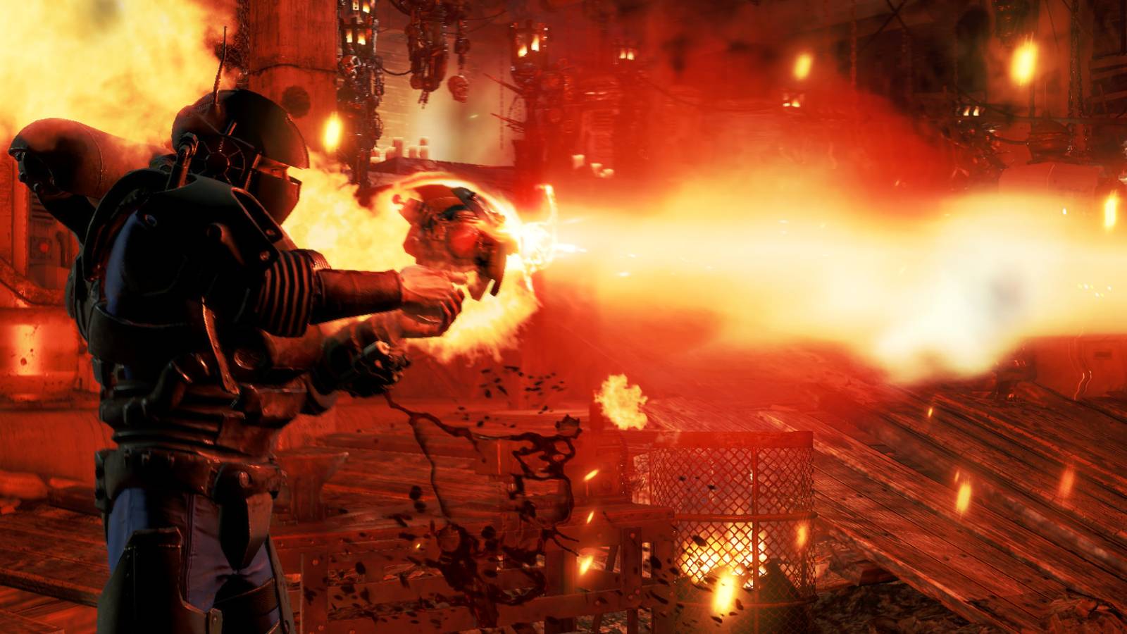 A Fallout 4 player using the Salvaged Assaultron Head in the Automatron DLC