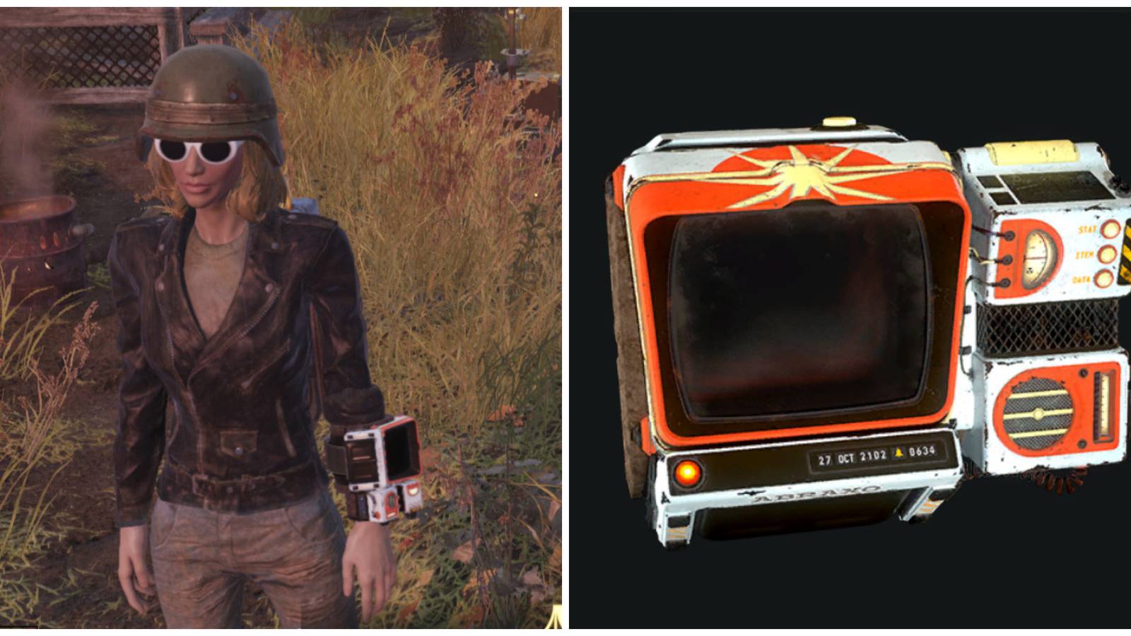Split image of an equipped Abraxo Pip Boy skin and the Abraxo Pip Boy skin at the Atomic Shop in Fallout 76
