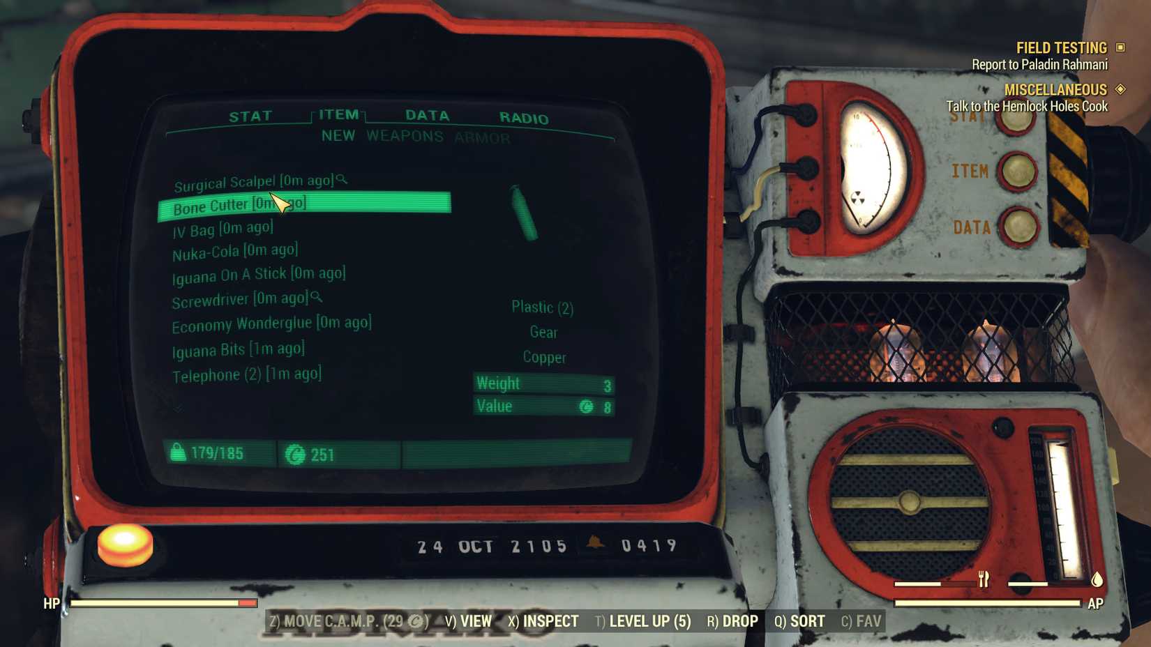 Image of the items received from breaking down a Bone Cutter in Fallout 76