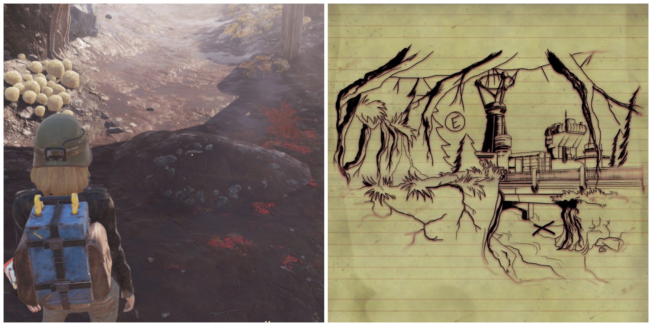 Split image of a dirt mound and the Cranberry Bog Treasure Map 1 in Fallout 76