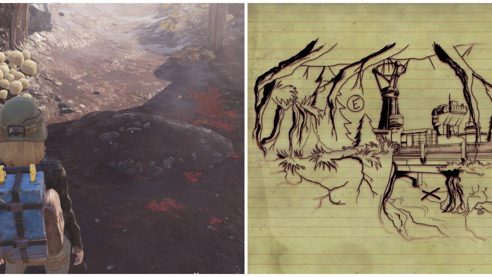 Split image of a dirt mound and the Cranberry Bog Treasure Map 1 in Fallout 76