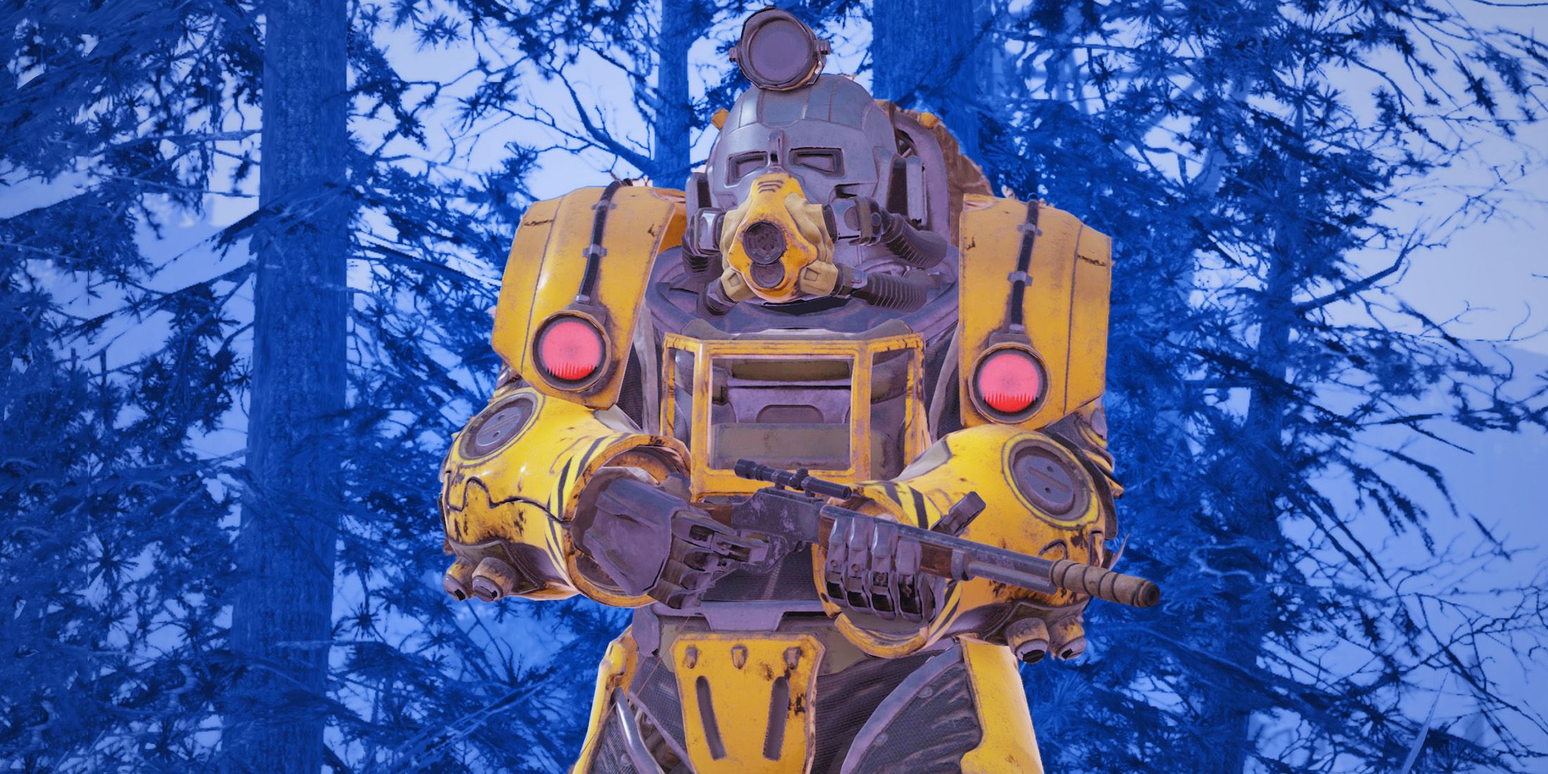 Fallout 76 Excavator Power Armor yellow medium close-up blue background forest swap