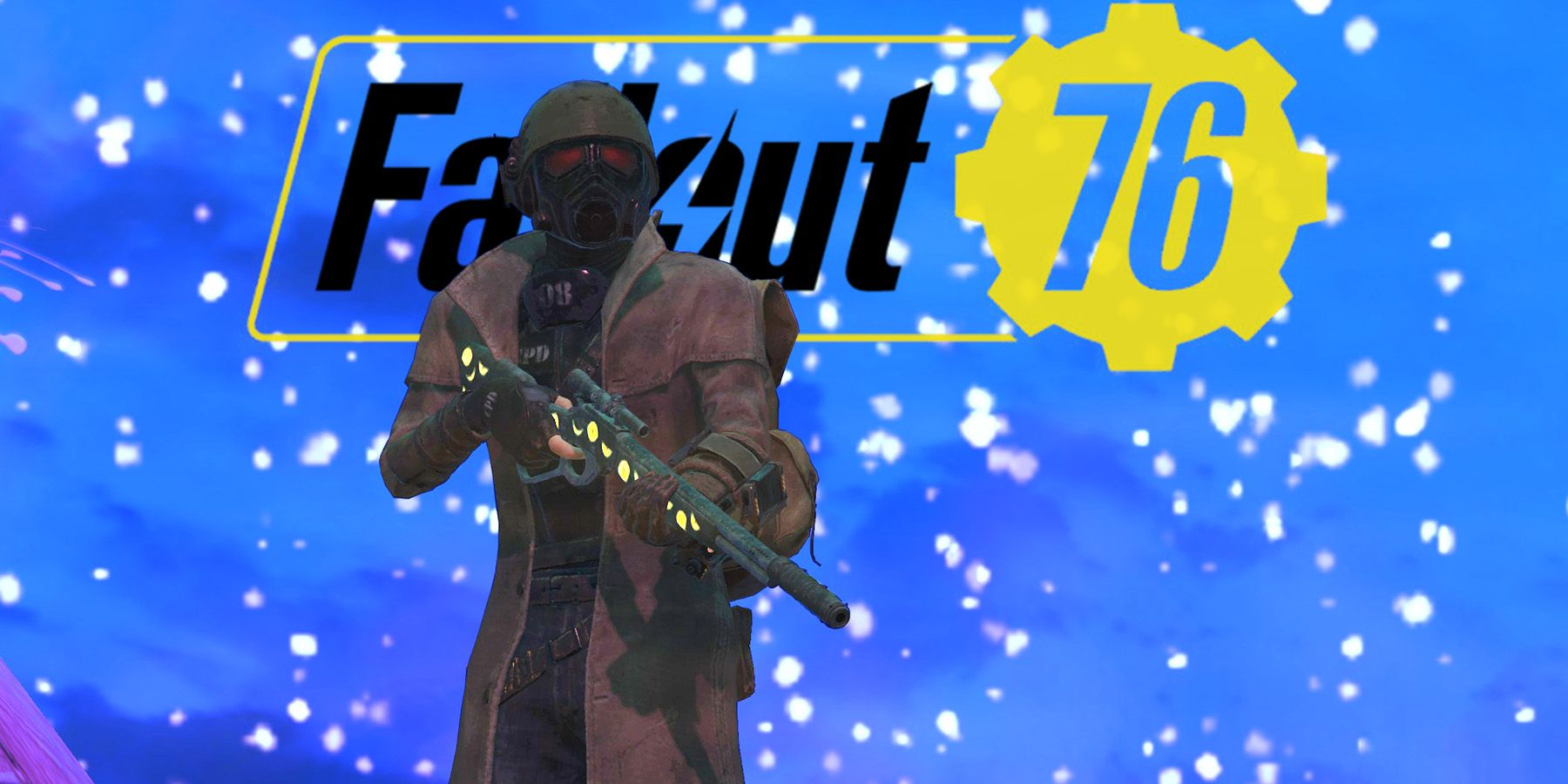 Fallout 76 First Ranger New Vegas armor with lever-action rifle Peppers Paint standing in front of game logo light blue background swap