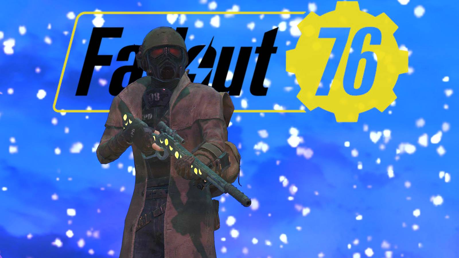 Fallout 76 First Ranger New Vegas armor with lever-action rifle Peppers Paint standing in front of game logo light blue background swap