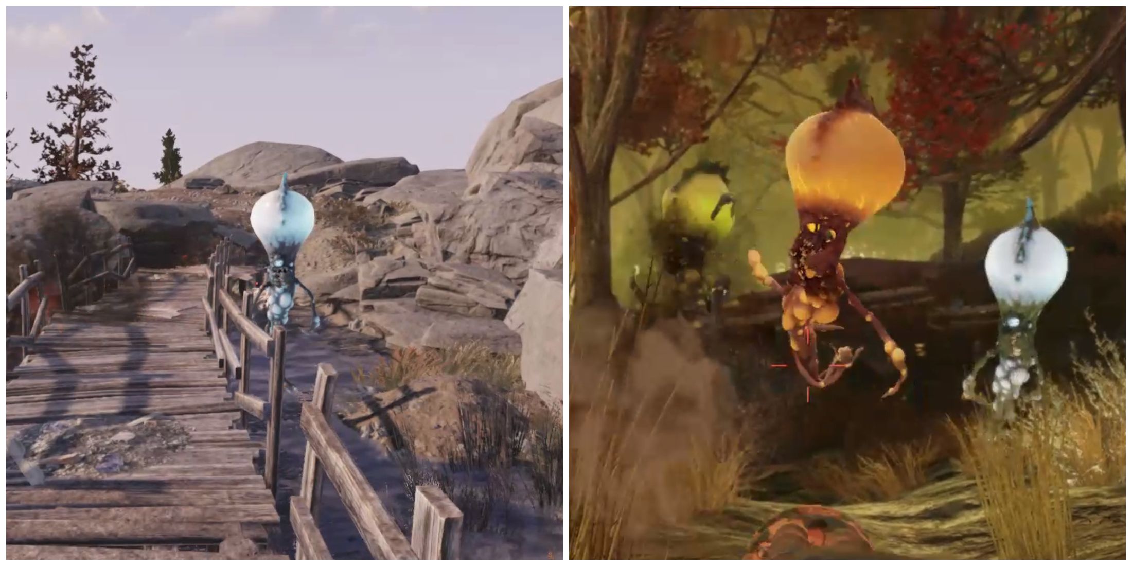 Split image of a Floater Freezer and some Floater Enemies in Fallout 76