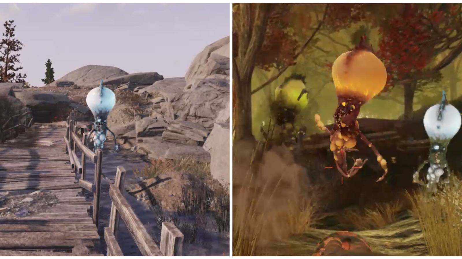 Split image of a Floater Freezer and some Floater Enemies in Fallout 76