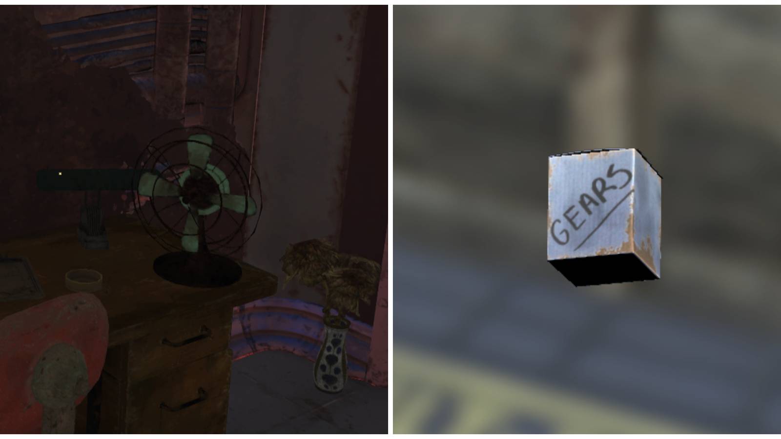 Split image of a desk fan and a box of gears in Fallout 76