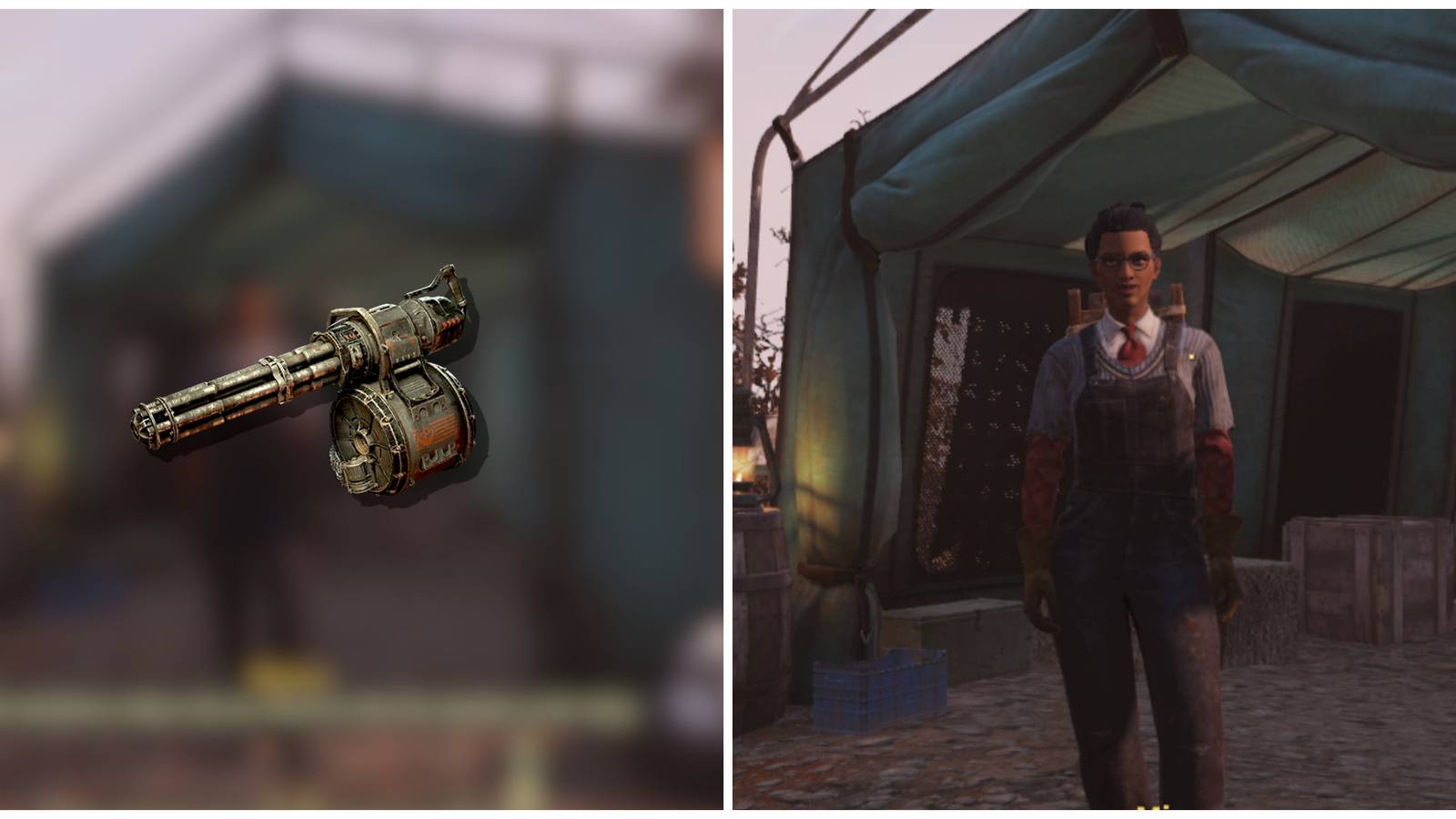 Split image of the Brotherhood of Steel Minigun and Minerva in Fallout 76