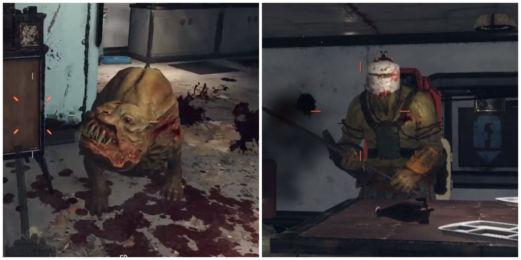 Split image of a mutated mutant hound and a mutated super mutant in Fallout 76