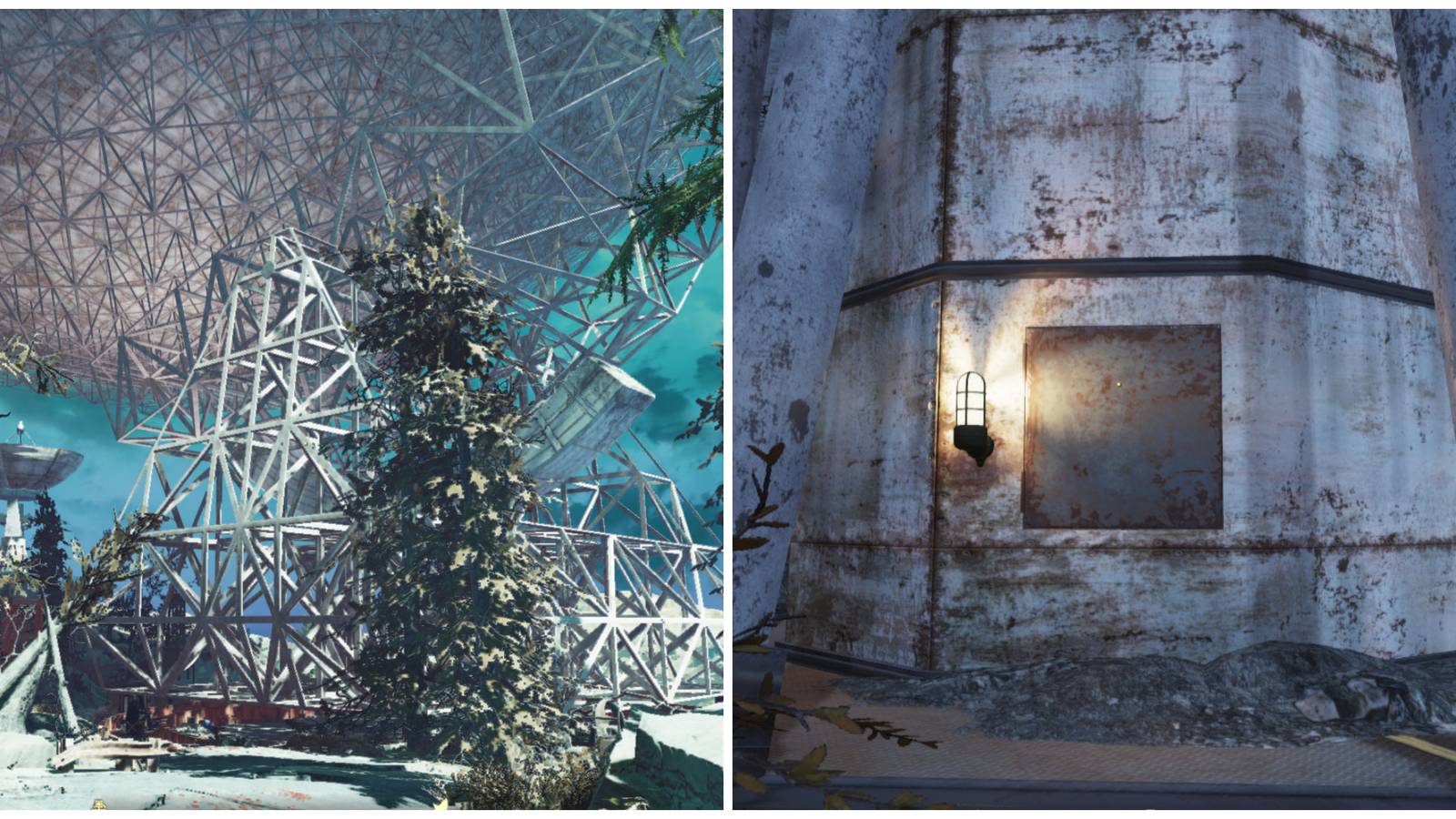 Split image of the National Isolated Radio Array and a smaller Radio Array in Fallout 76