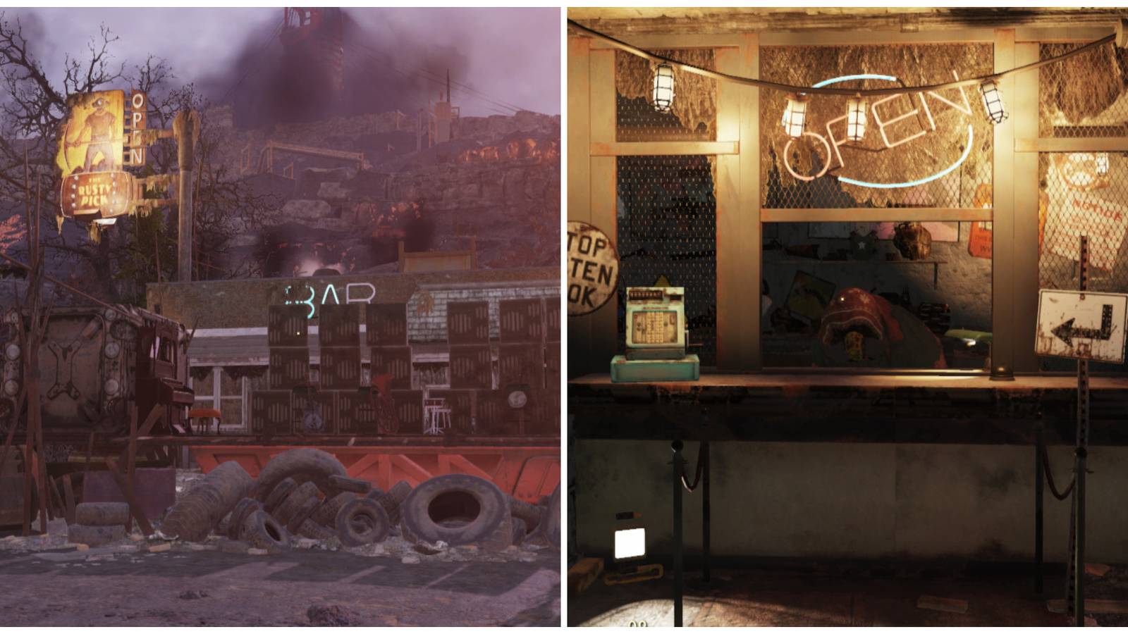 Split image of the exterior of the rusty pick and Purveyor Murmrgh in Fallout 76