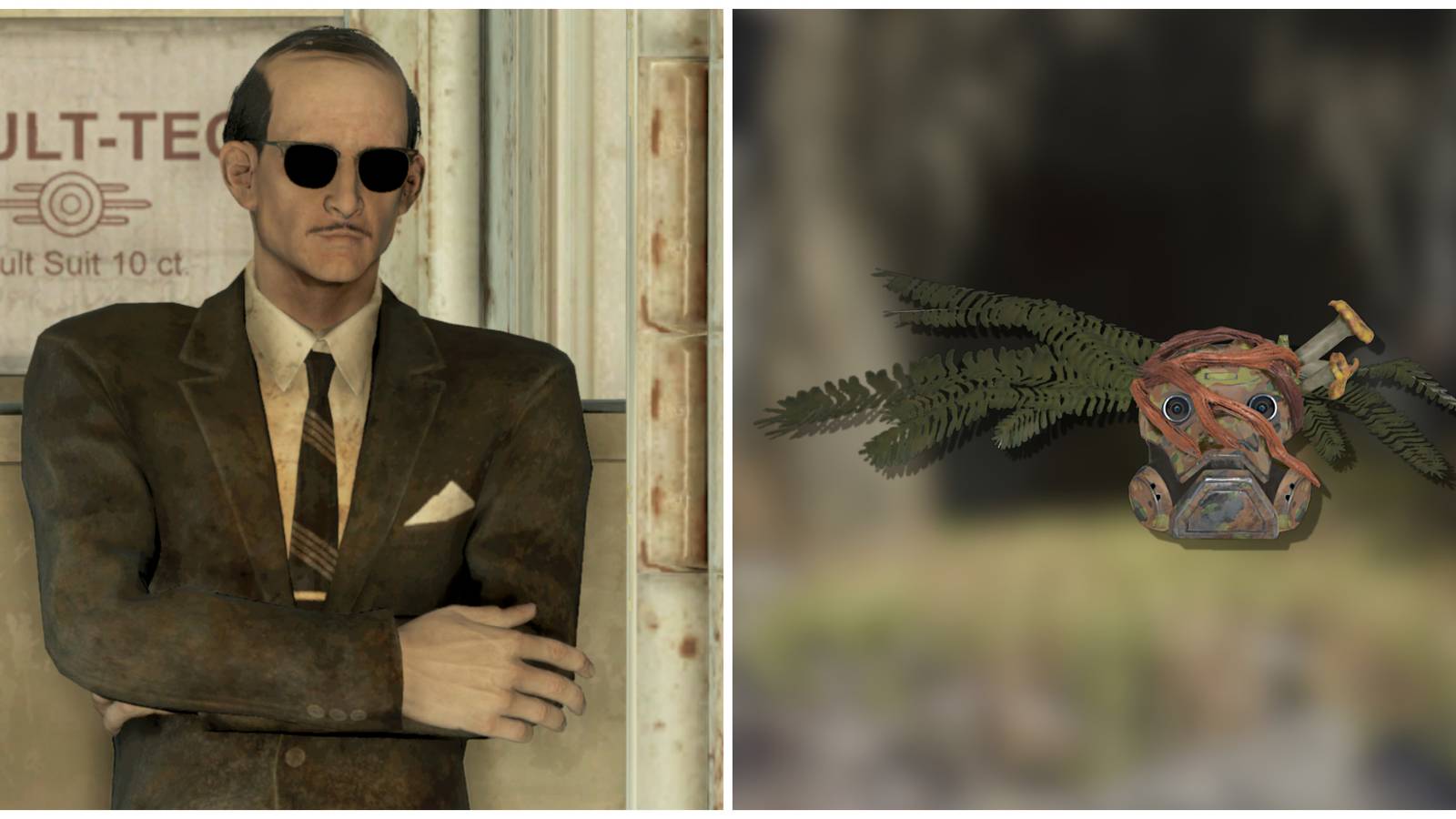 Split image of the vendor Regs and the vault 94 Scout Armor Mask in Fallout 76