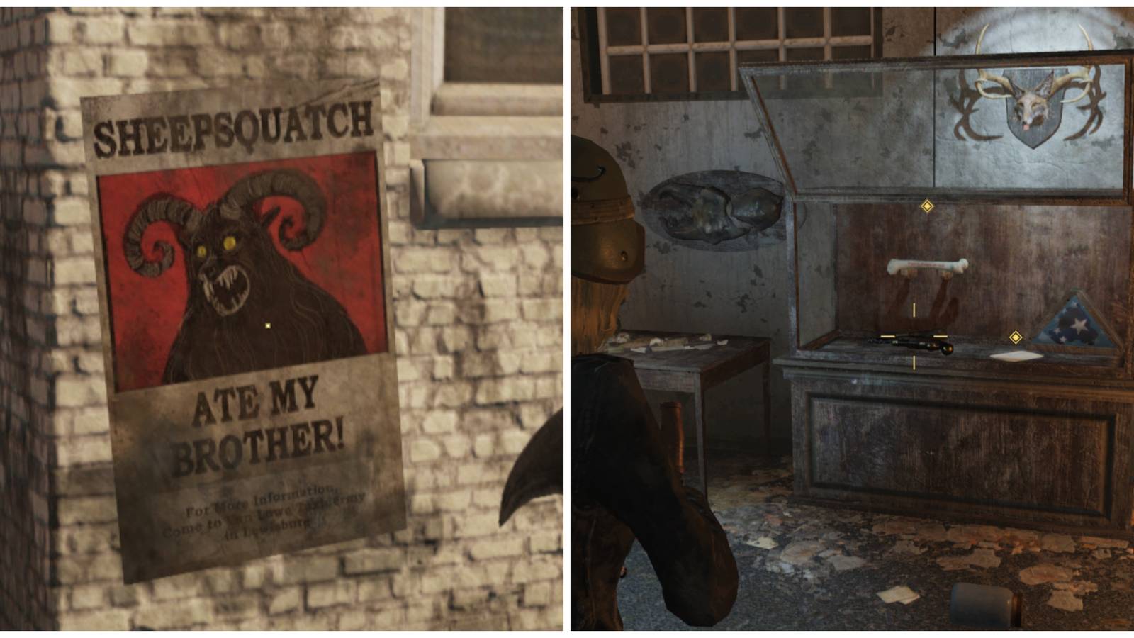Split image of Sheepsquatch poster and the display case in Fallout 76