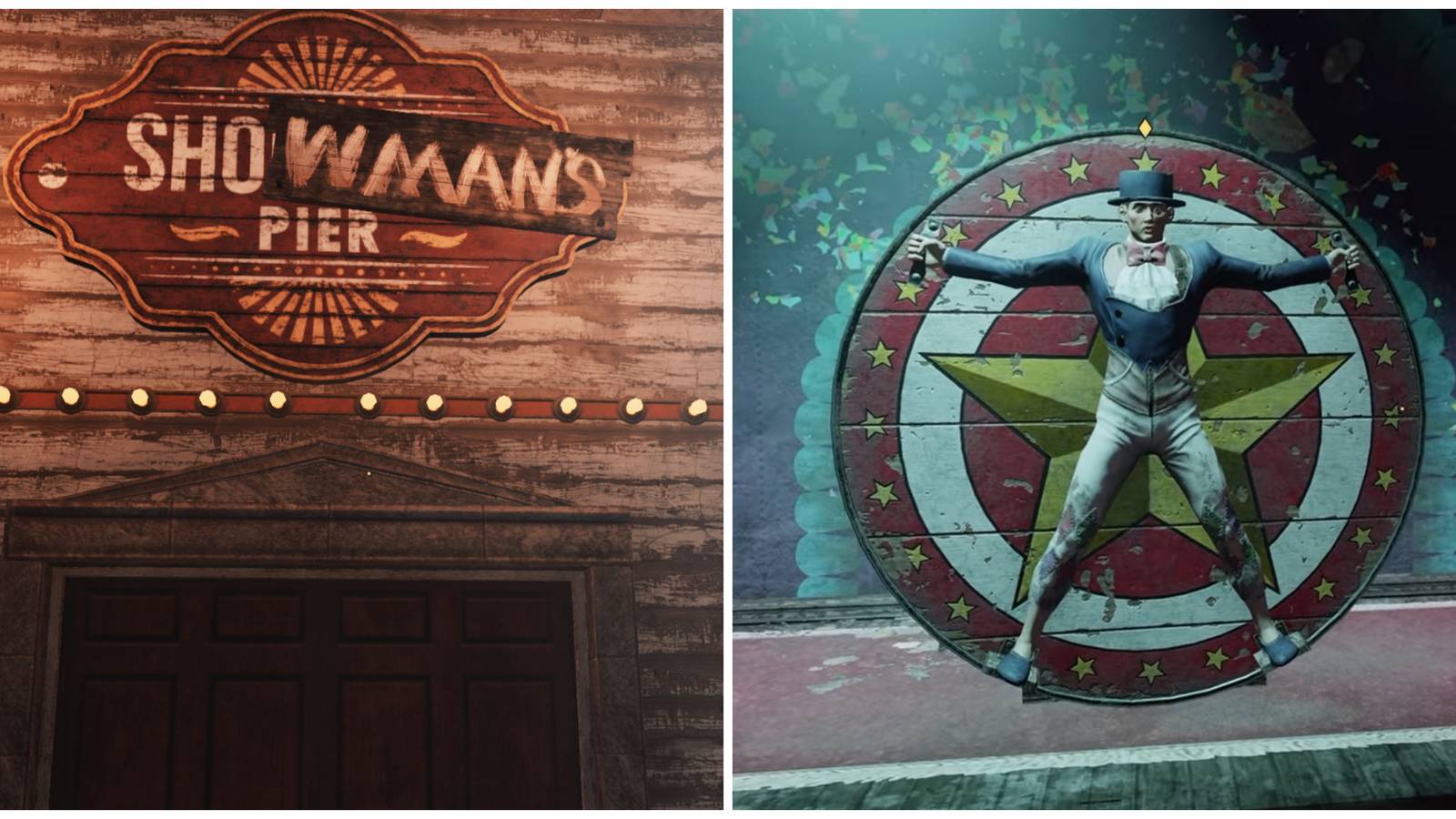 Split image of the entrance to the Showman's Pier and the NPC Zayde in Fallout 76