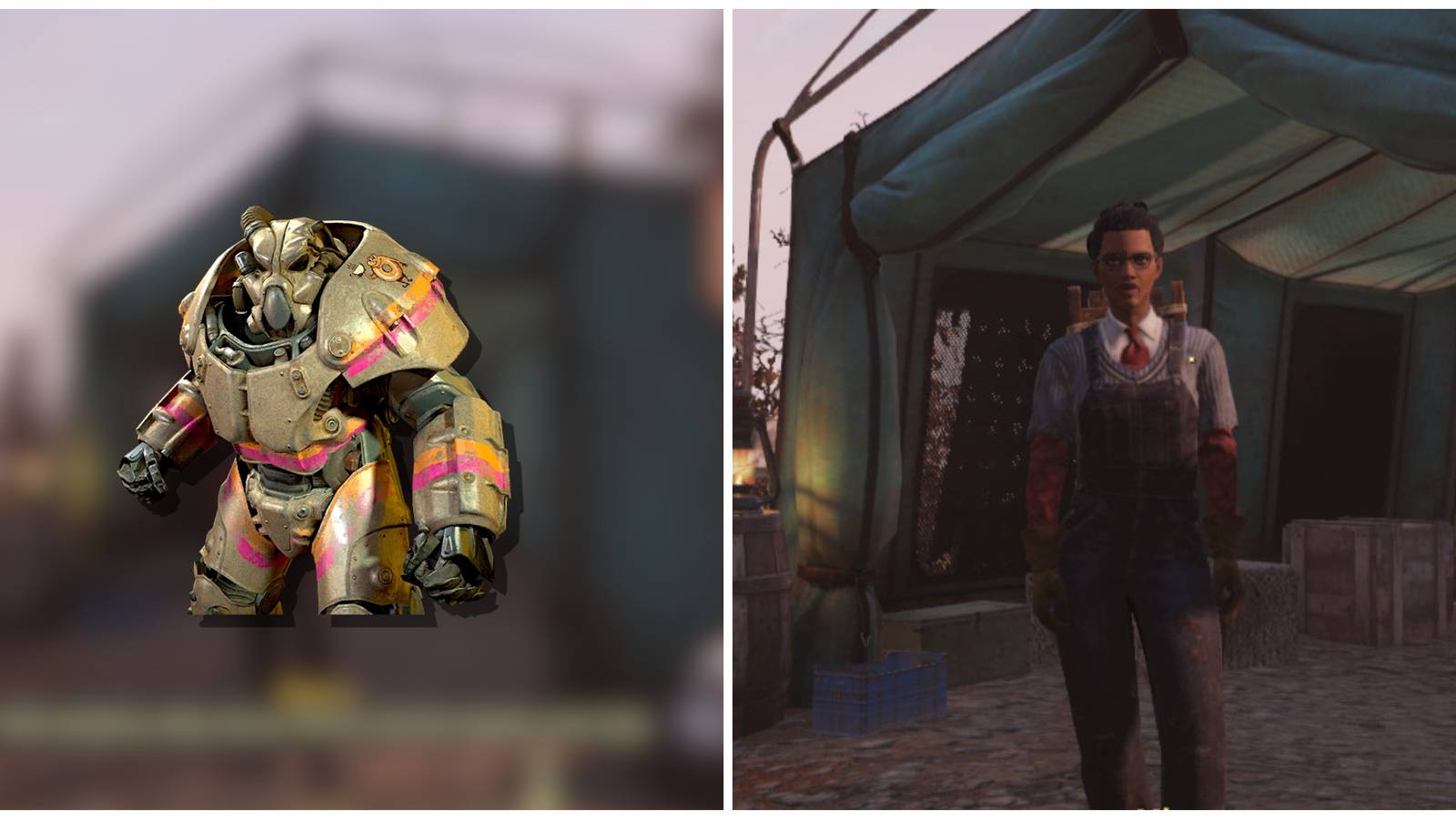 Split image of Slocum Joes Power Armor Paint and Minerva in Fallout 76
