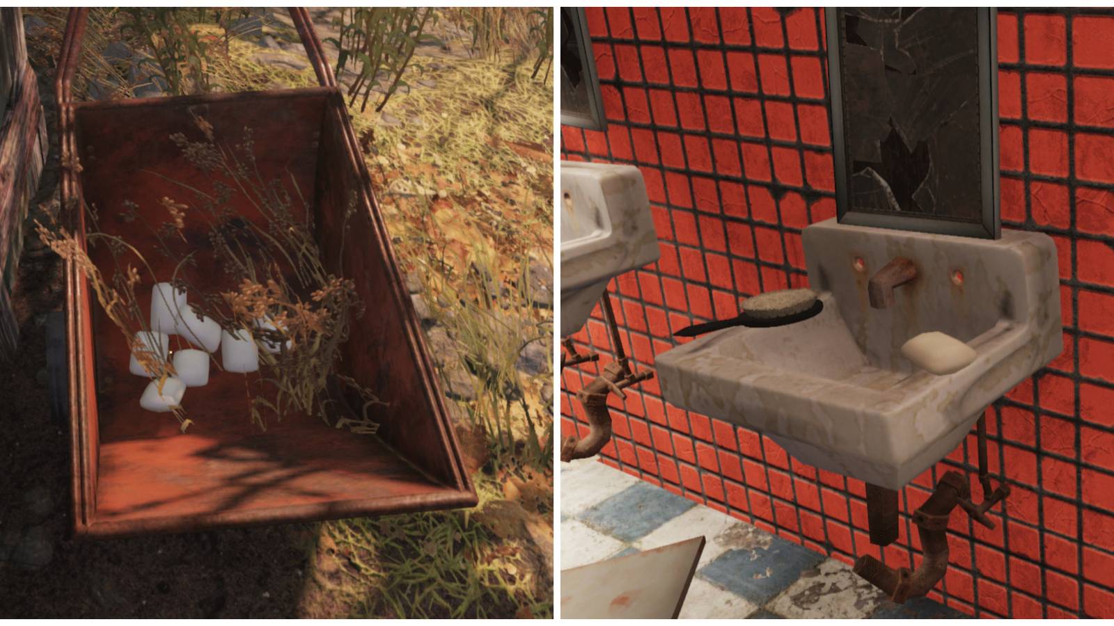 Split image of some soap in a wheelbarrow and some soap in a bathroom in Fallout 76