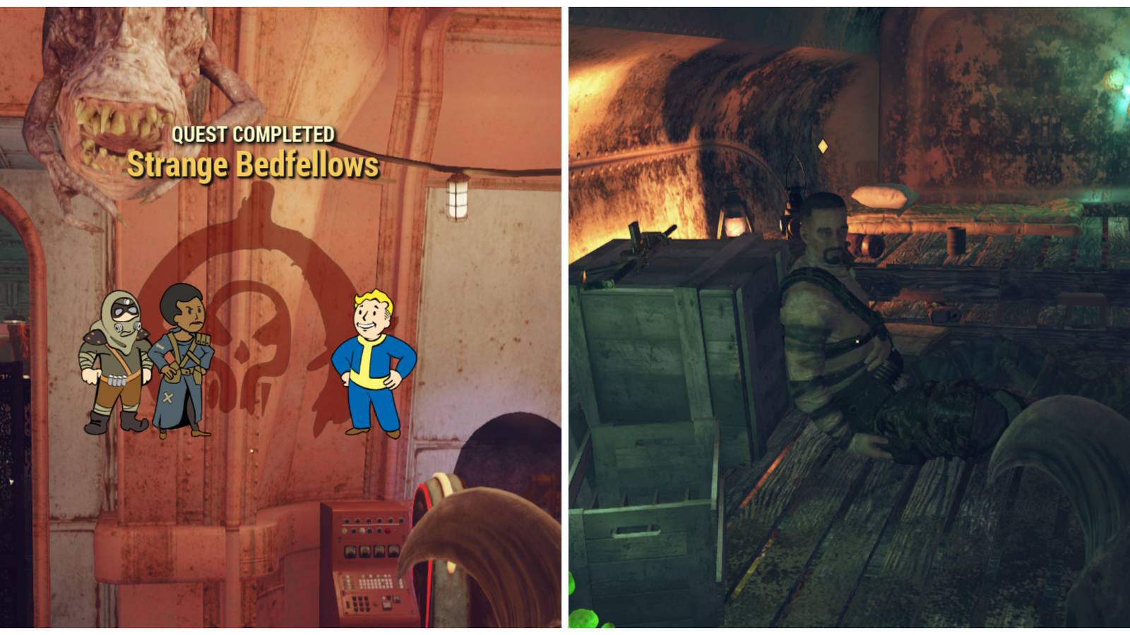 Split image of Strange Bedfellows rewards and Aldridge in Fallout 76