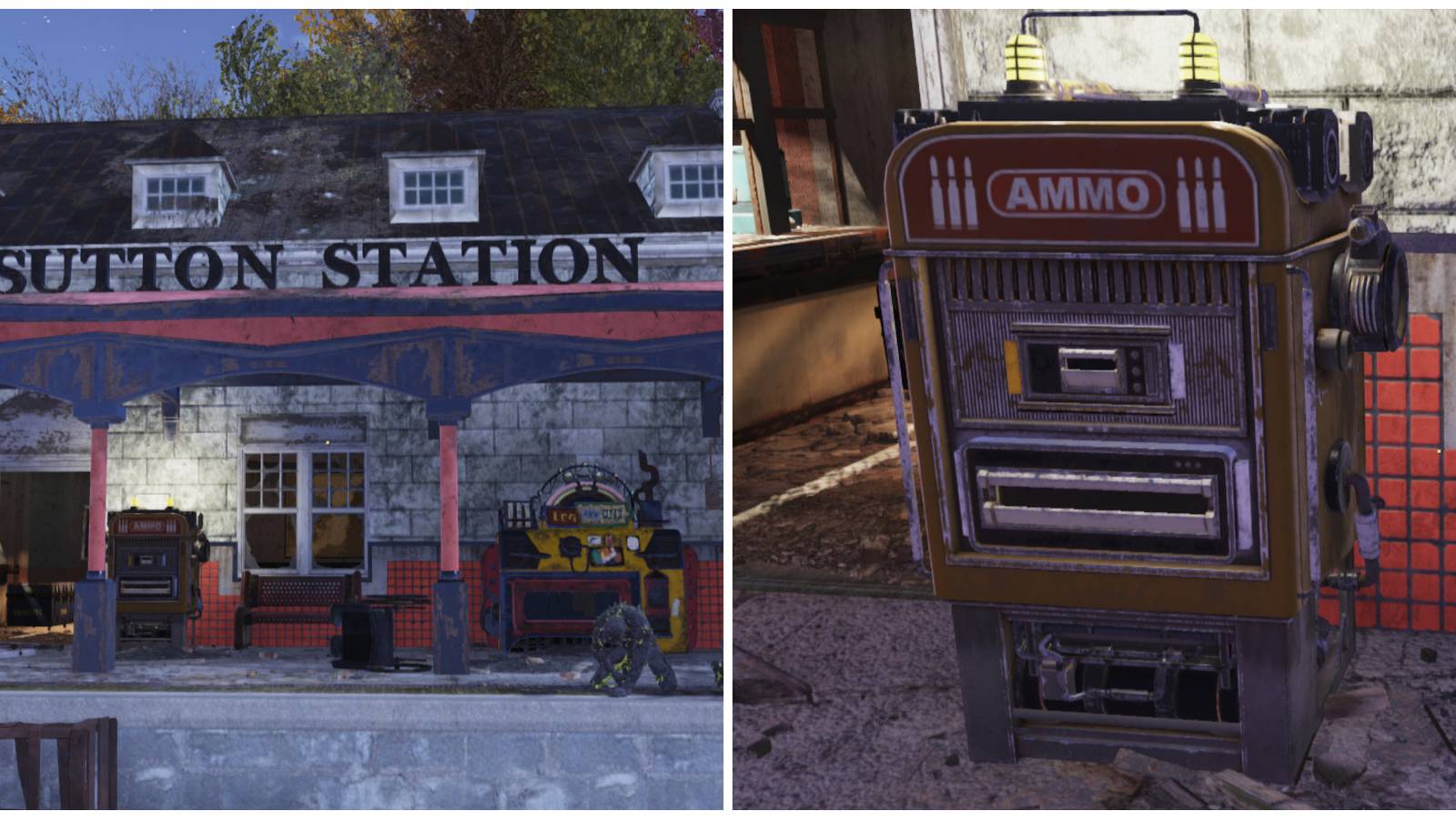 Split image of the entrance to sutton station and an ammunition vending machine in Fallout 76