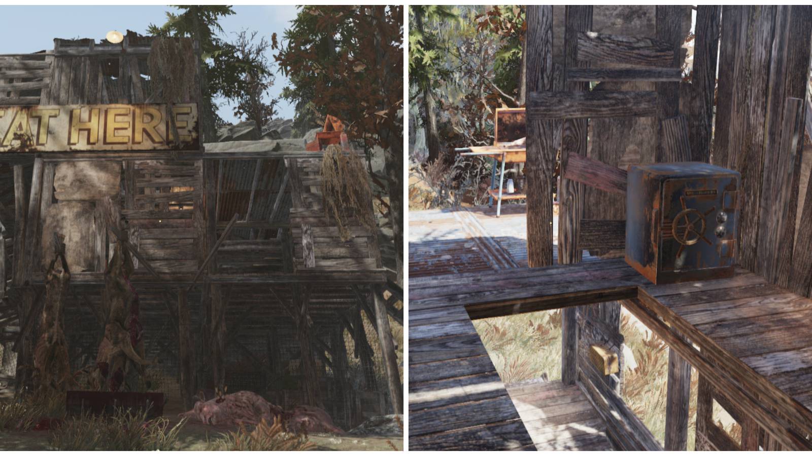 Split image of the entrance to Toxic Larry's Meat 'n Go and the safe inside Toxic Larry's in Fallout 76