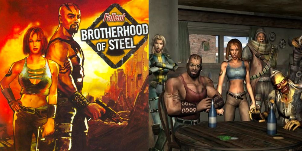 A split image of characters in Fallout Brotherhood of Steel