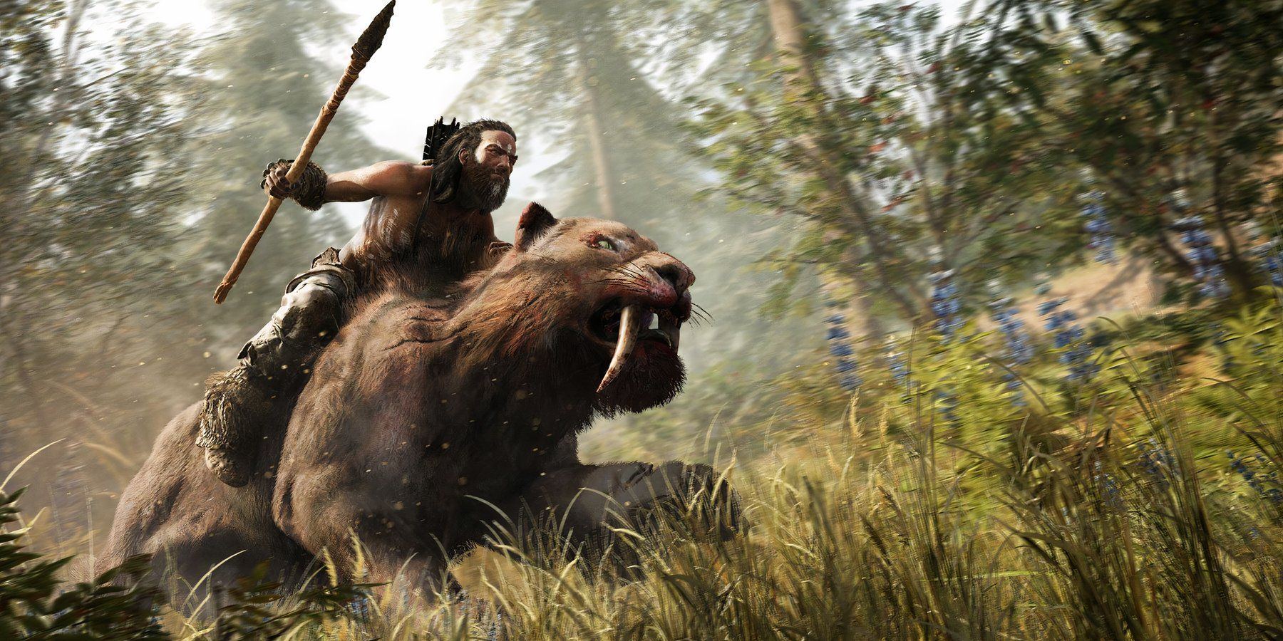 The protagonist riding a Sabretooth in Far Cry Primal 