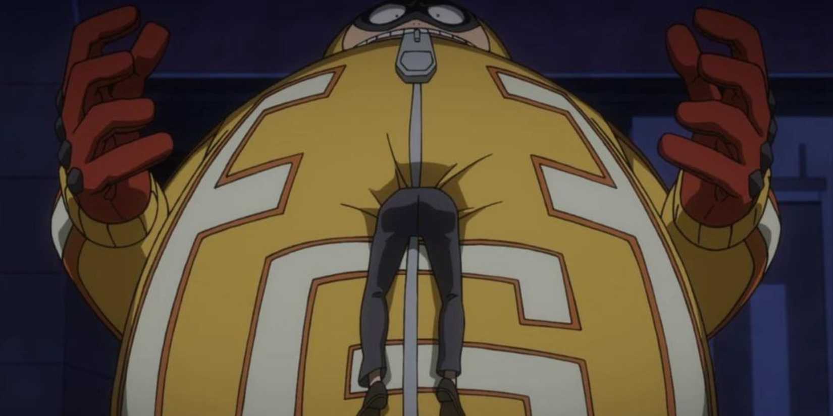 Fatgum restrains a villain with his Fat Absorption quirk in My Hero Academia