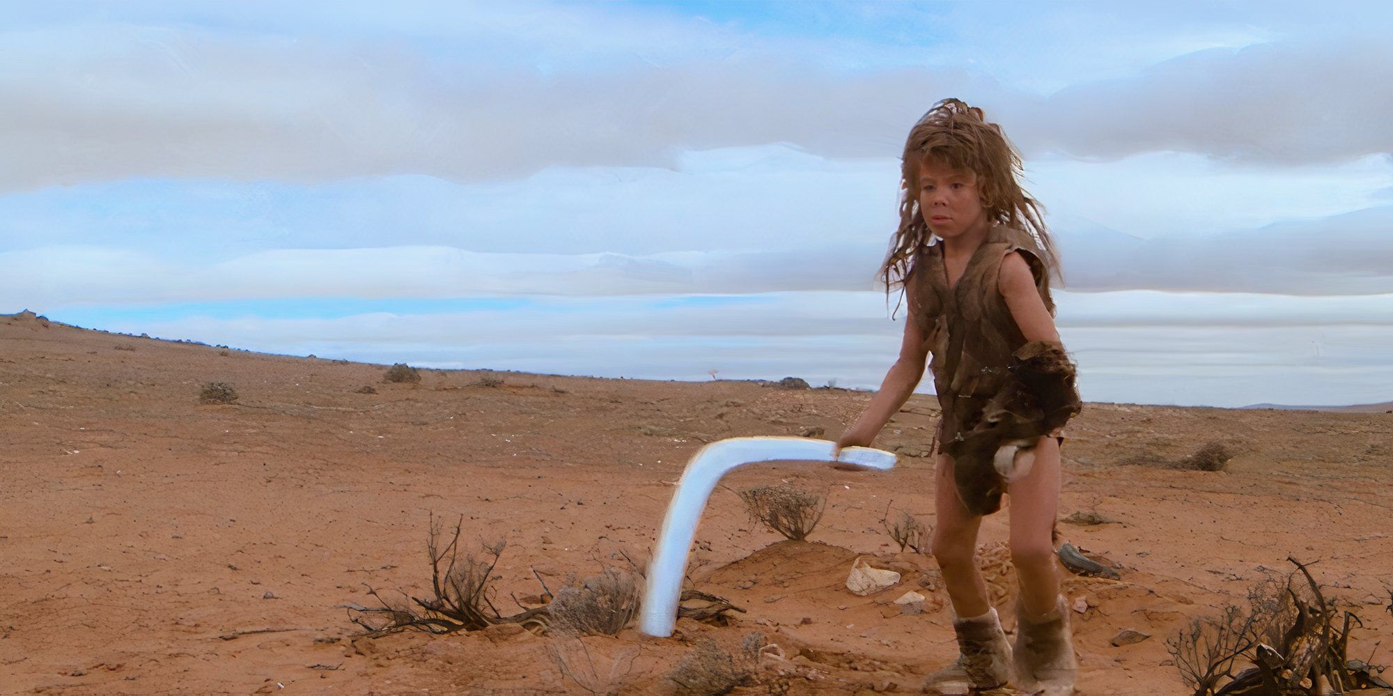 Feral Kid with his Boomerang in Mad Max 2 The Road Warrior