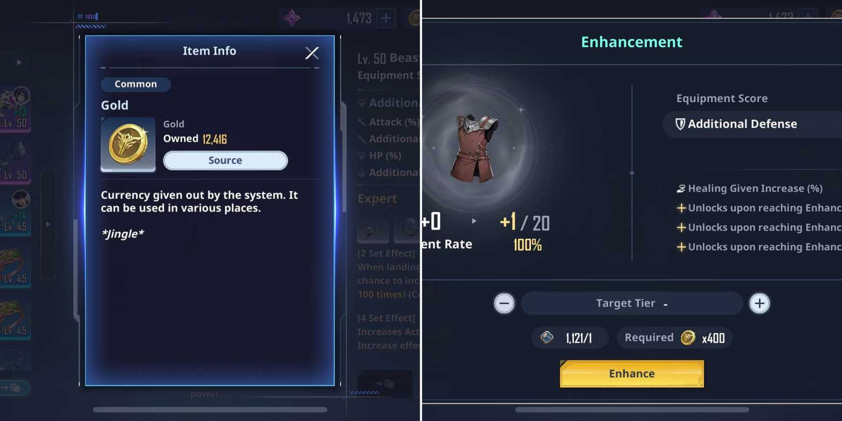 Gold In The Menu & The Player Enhancing An Artifact 