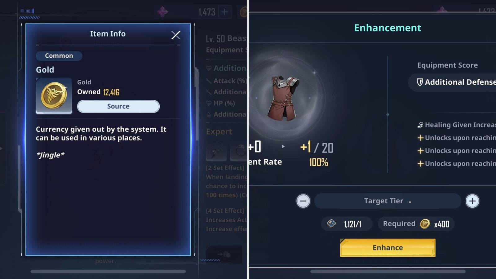 Gold In The Menu & The Player Enhancing An Artifact 