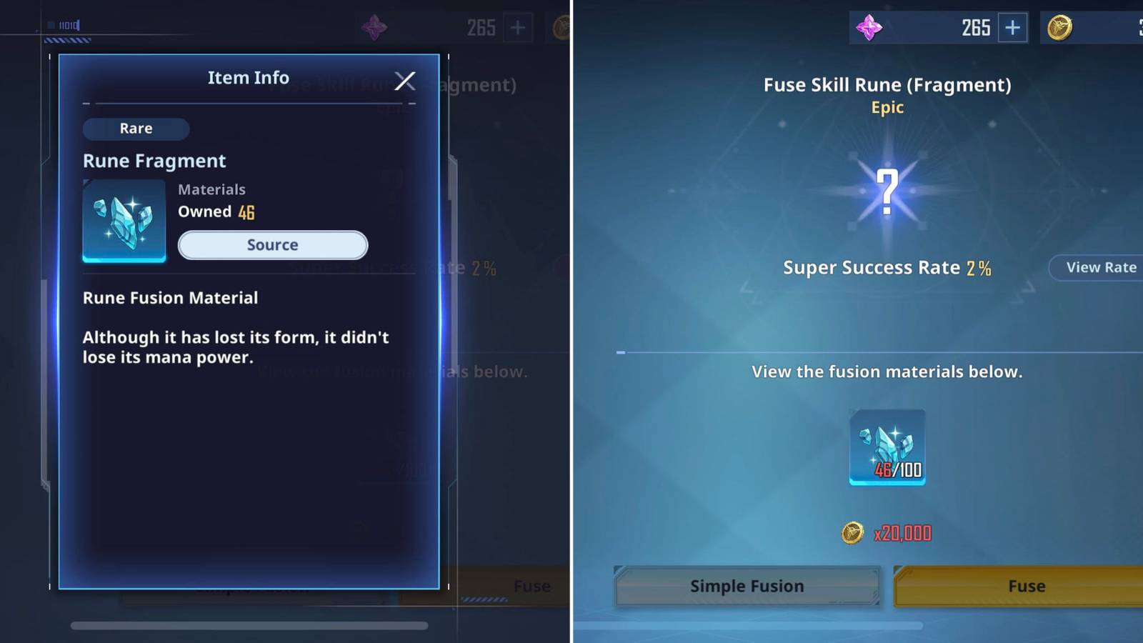 Rune Fragments In The Menu & The Player Fusing Rune Fragments 