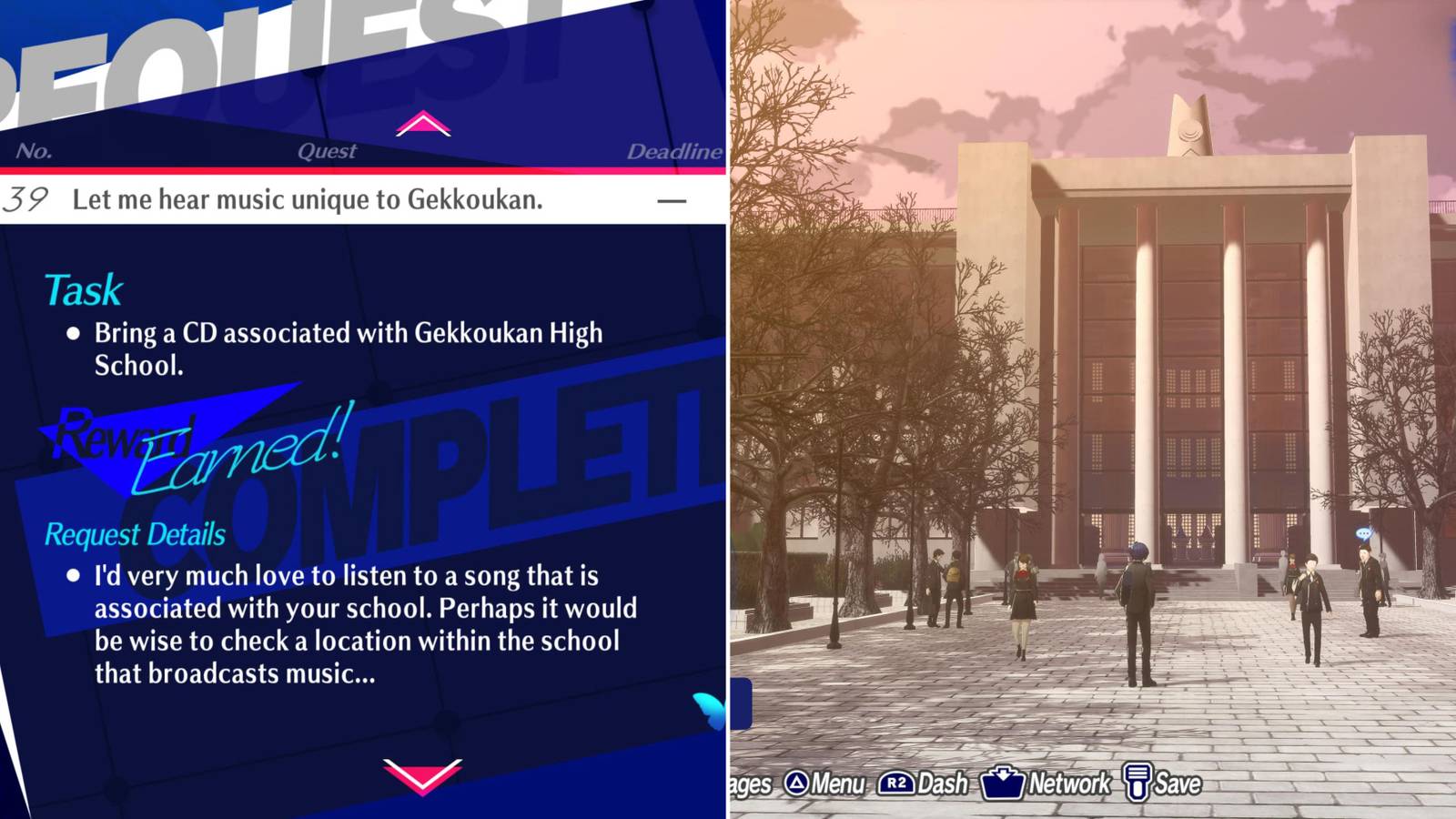 The Request 39 Menu & The Player Standing In Front Of Gekkoukan High 