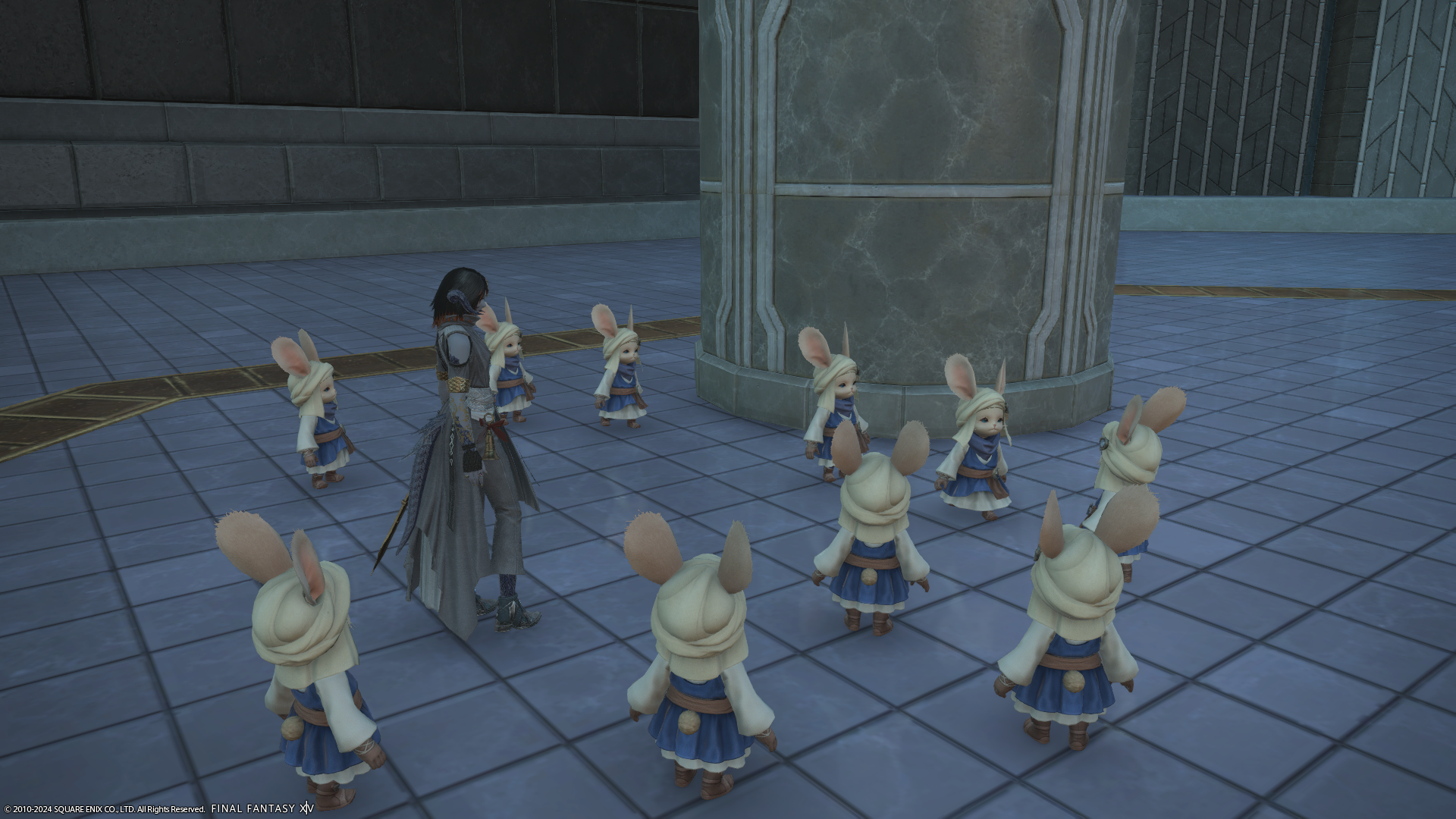 A circle of Loporrits standing around a character.