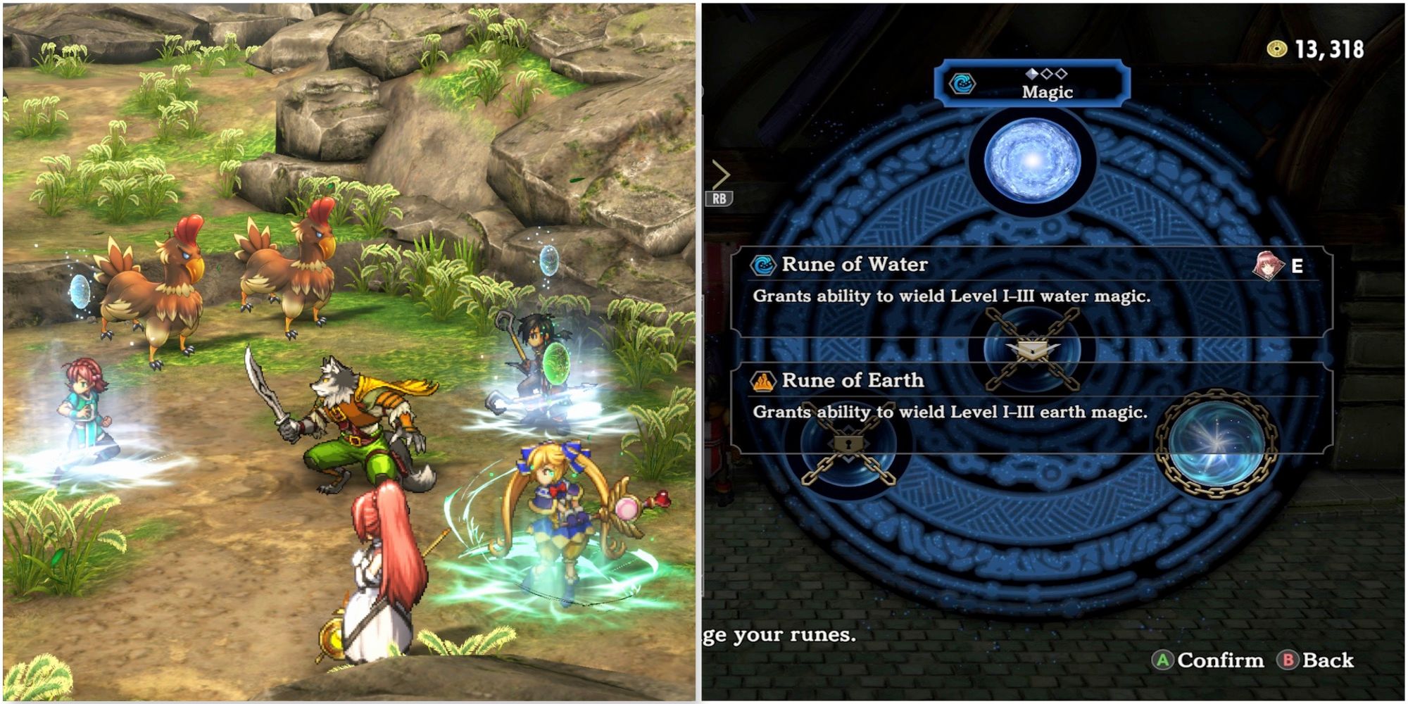 Fighting a battle and Francesca’s runes in Eiyuden Chronicle Hundred Heroes