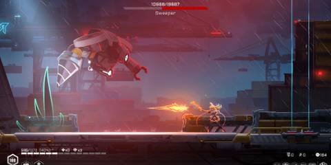 Fighting a boss in BlazBlue Entropy Effect