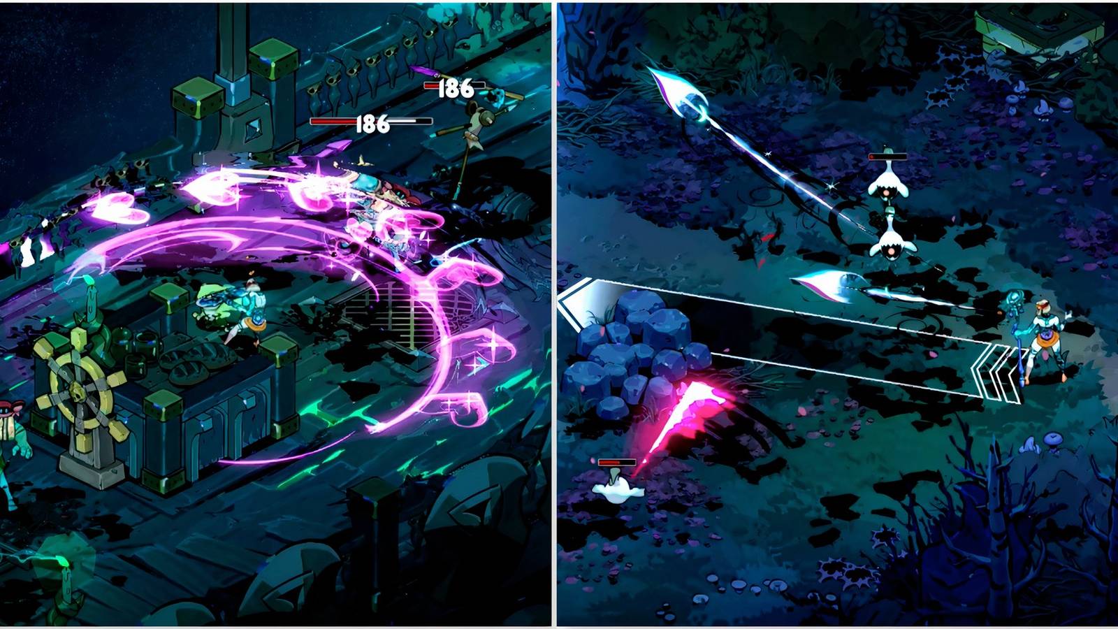 Fighting enemies with Moonstone Axe and Witch’s Staff weapons in Hades 2