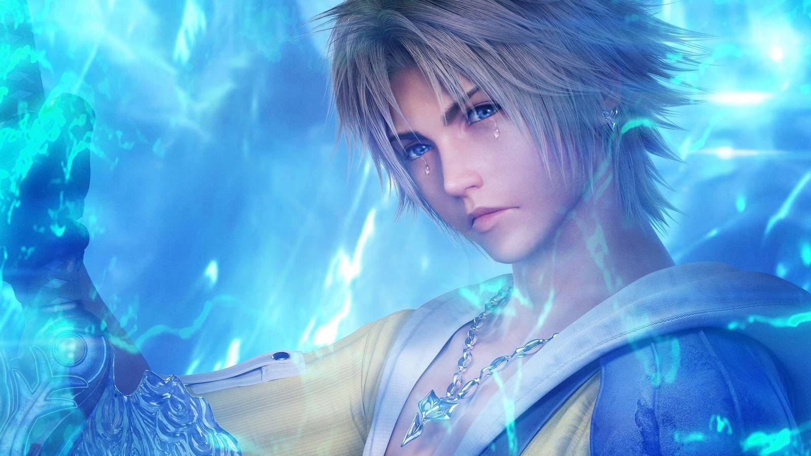 final fantasy 10, tidus completely engulfed in a blue hue, crying.