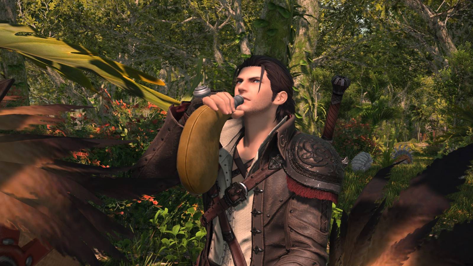 final-fantasy-14-dawntrail-benchmark-cutscene-viper-on-chocobo-water-drink-jungle