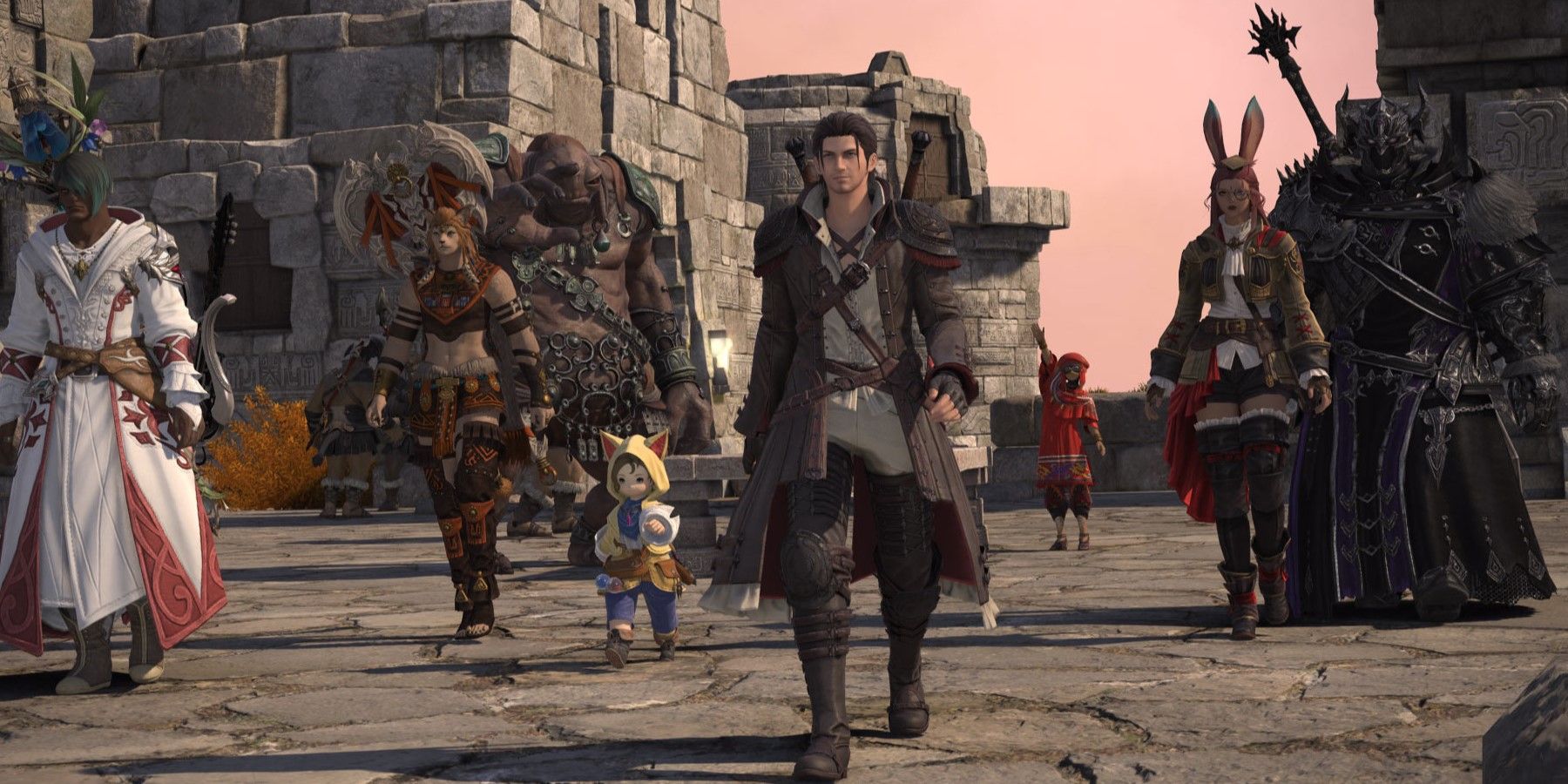 A group of Final Fantasy 14 characters walking toward the camera