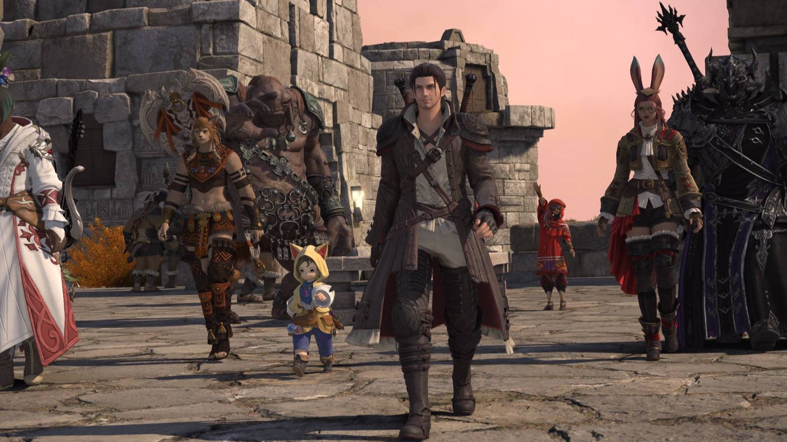 A group of Final Fantasy 14 characters walking toward the camera