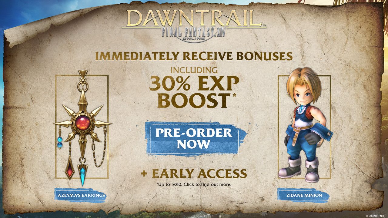 A promotional image advertising the bonus items granted for pre-ordering Final Fantasy 14 Dawntrail.