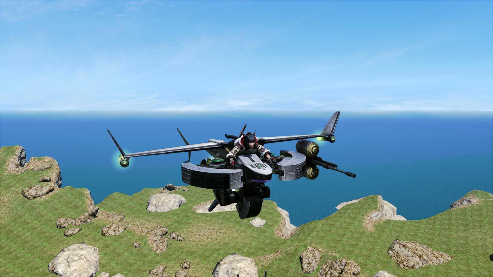 A Final Fantasy 14 screenshot of the Gabriel Alpha mount flying in the air, a transforming mech resembling a small jet carrying a player character between its wings.
