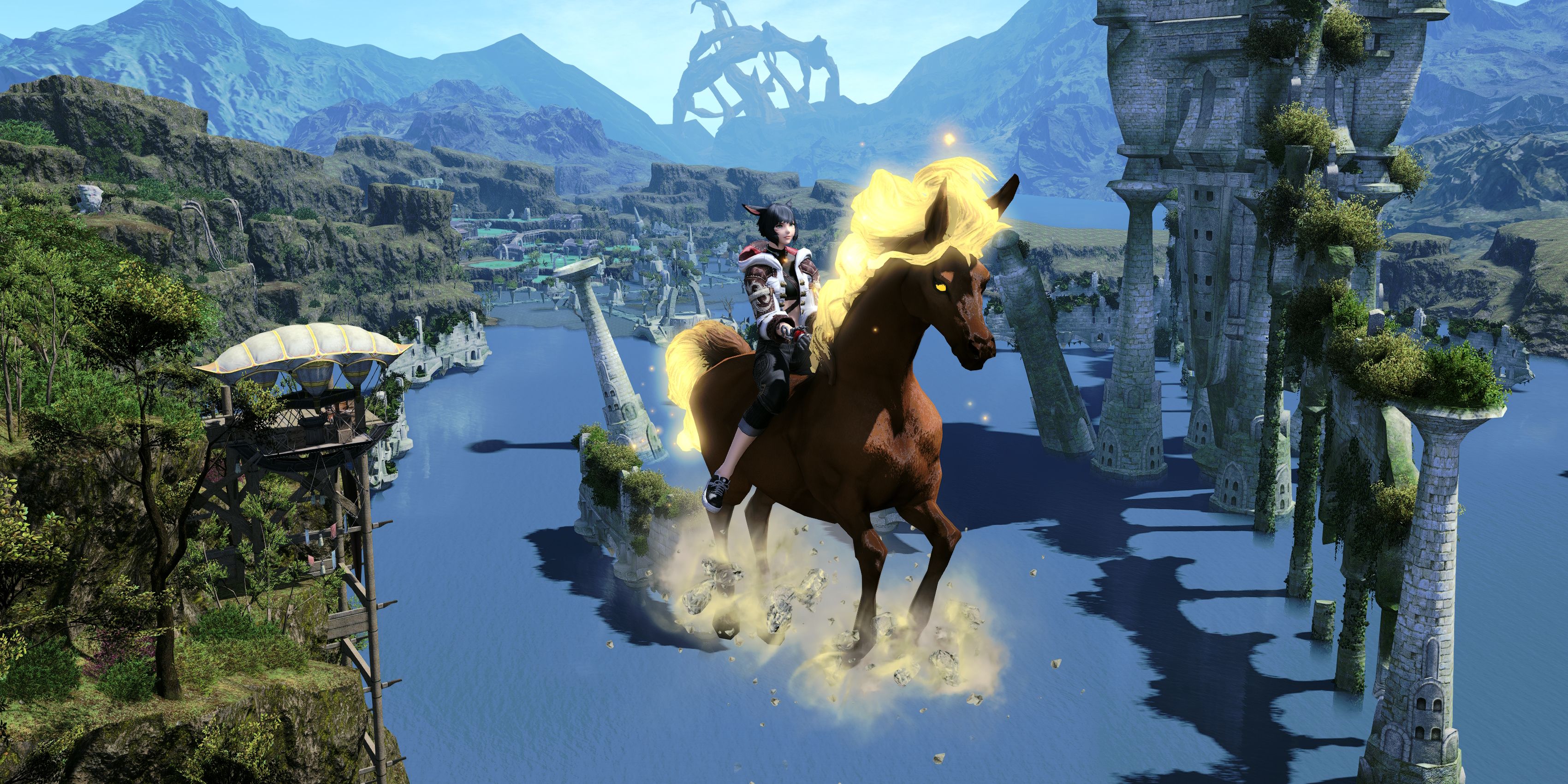 A Final Fantasy 14 screenshot of the Gullfaxi mount, a brown horse with a glowing gold mane and tail, and elemental earth orbiting its hooves.