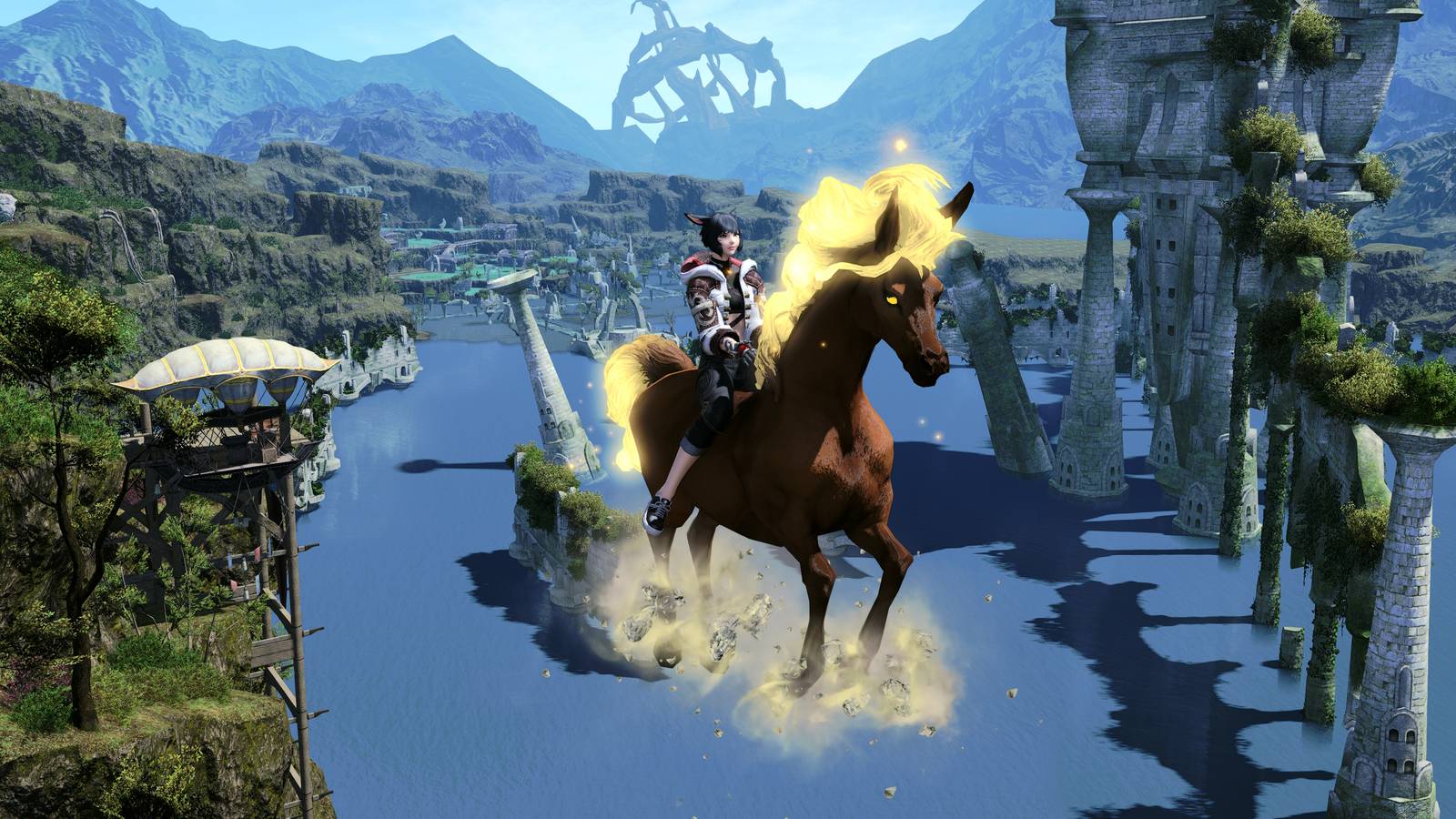 A Final Fantasy 14 screenshot of the Gullfaxi mount, a brown horse with a glowing gold mane and tail, and elemental earth orbiting its hooves.