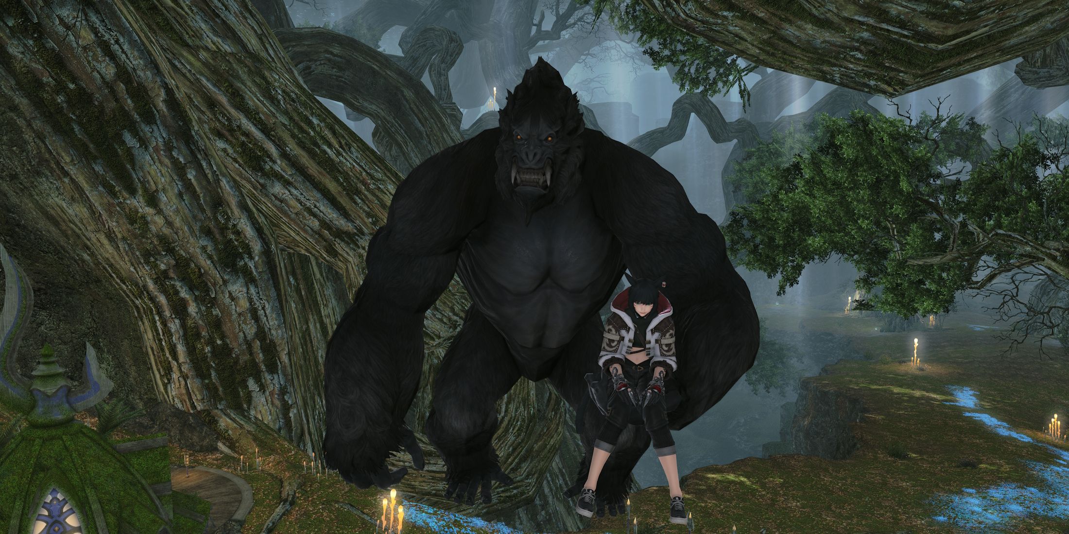 A Final Fantasy 14 screenshot of the Ufiti mount, a gorilla holding the player in their left hand.