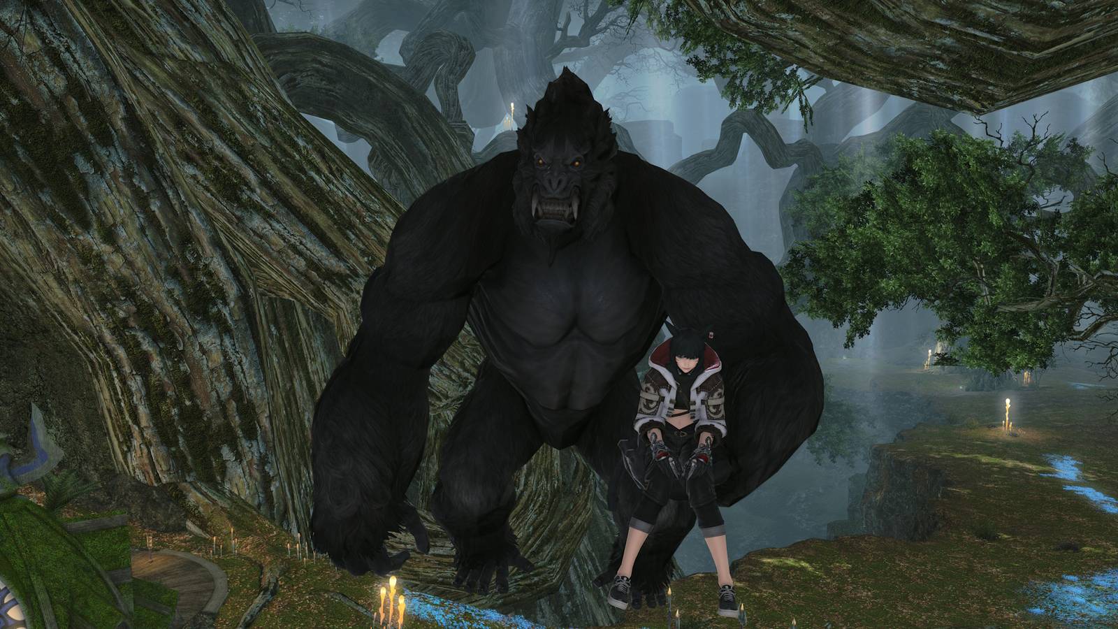 A Final Fantasy 14 screenshot of the Ufiti mount, a gorilla holding the player in their left hand.