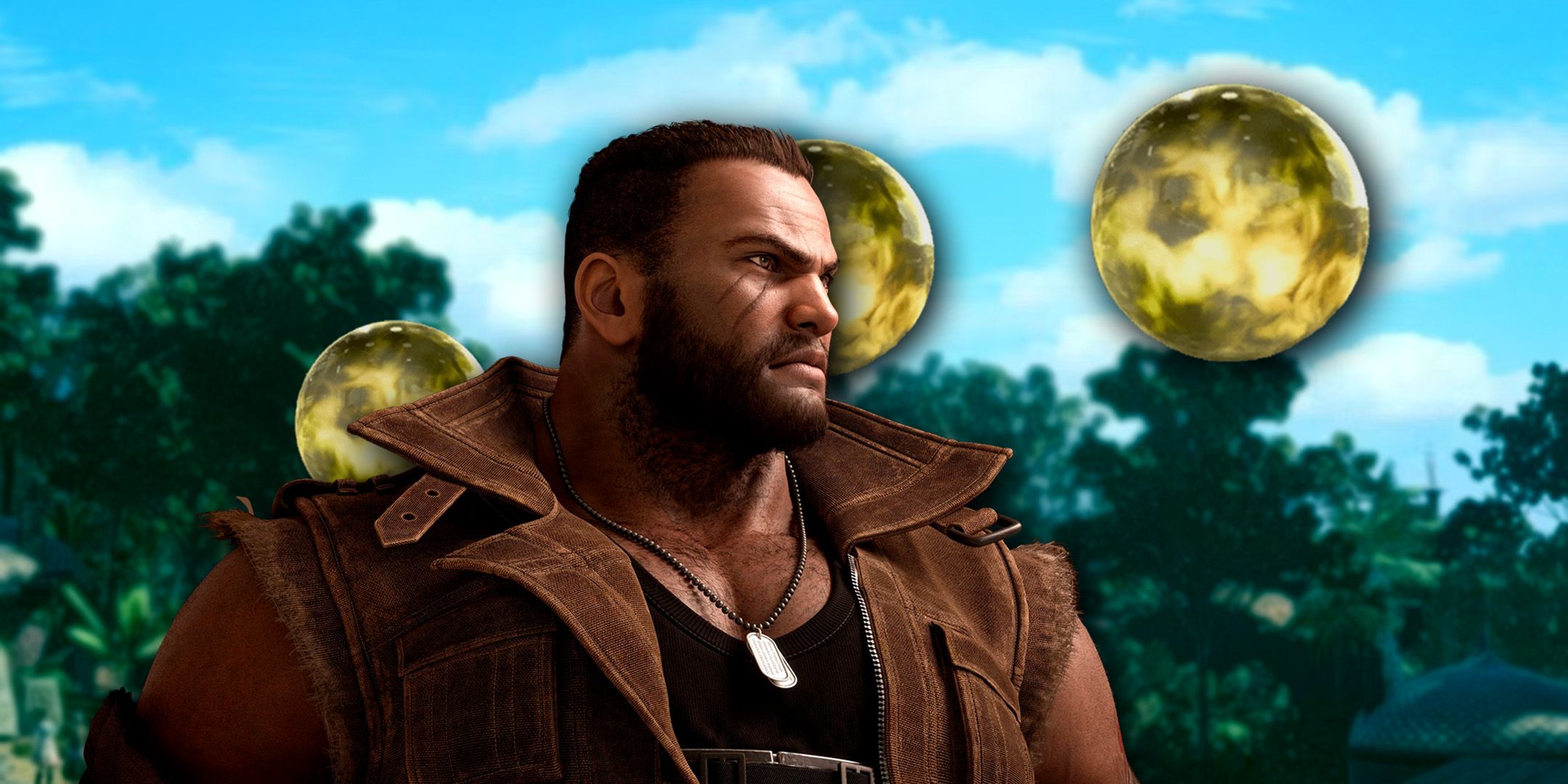 Barret from Final Fantasy 7 Rebirth staring at yellow command materia