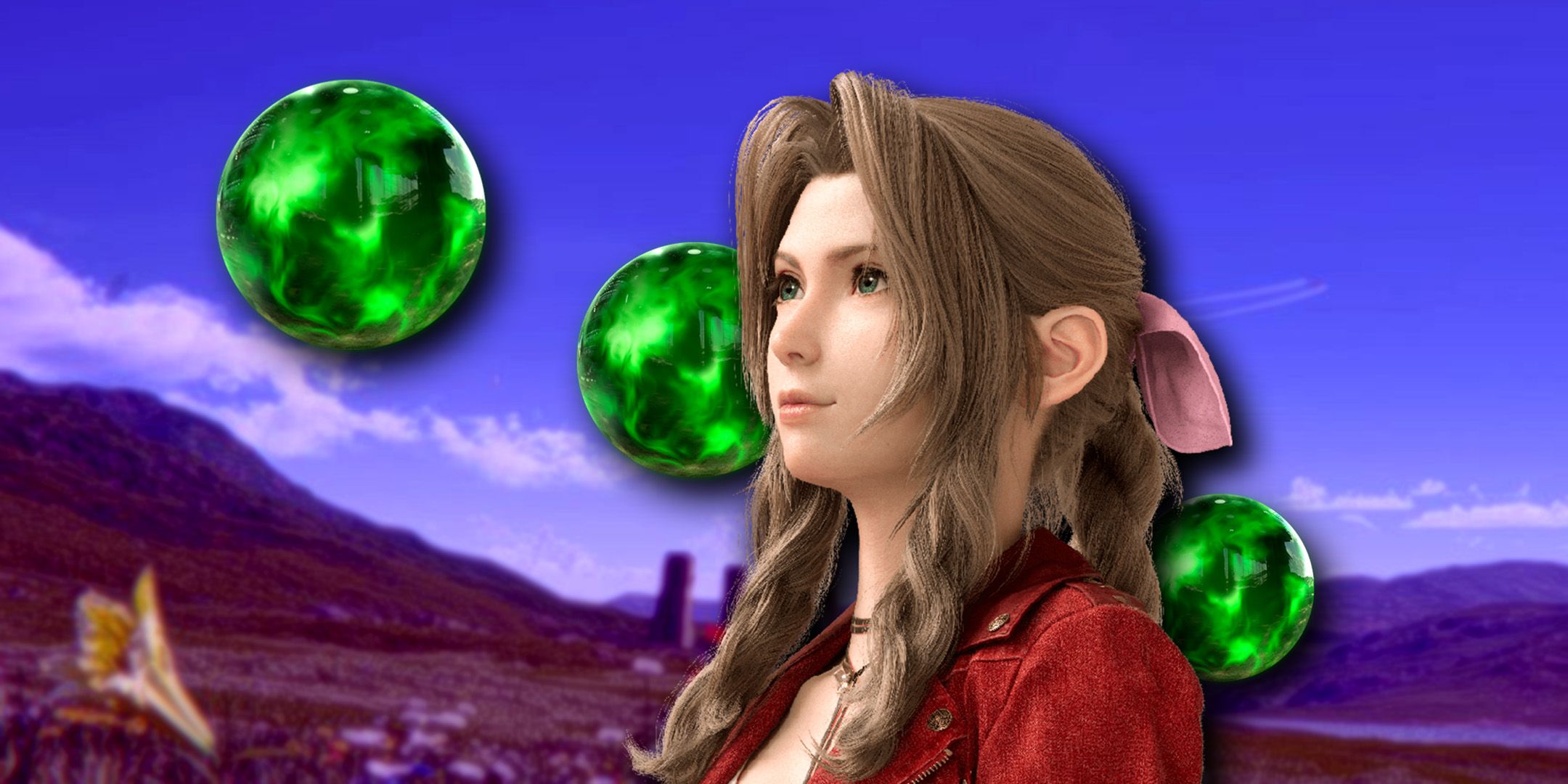 Aerith from Final Fantasy 7 Rebirth standing in a field surrounded by 3 orbs of green magic materia
