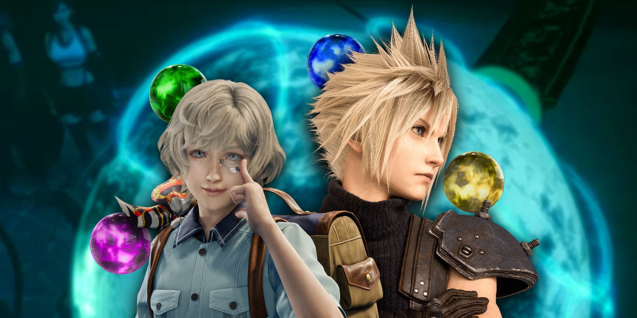 Cloud and Chadley standing beside each other surrounded by orbs of purple, green, blue, and yellow materia