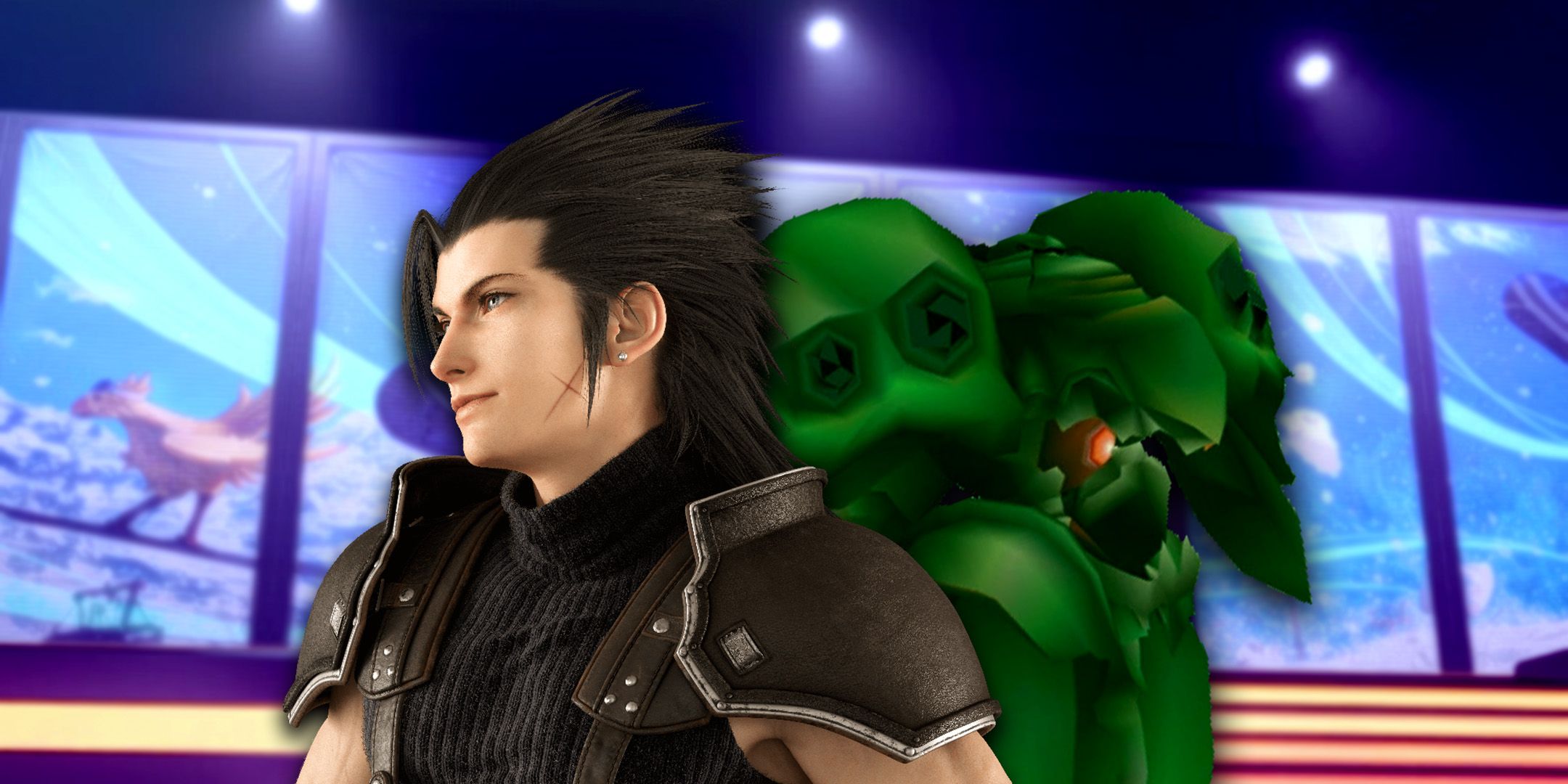 Zack Fair from Final Fantasy 7 Rebirth standing with the Emerald Weapon at the Gold Saucer arcade stage